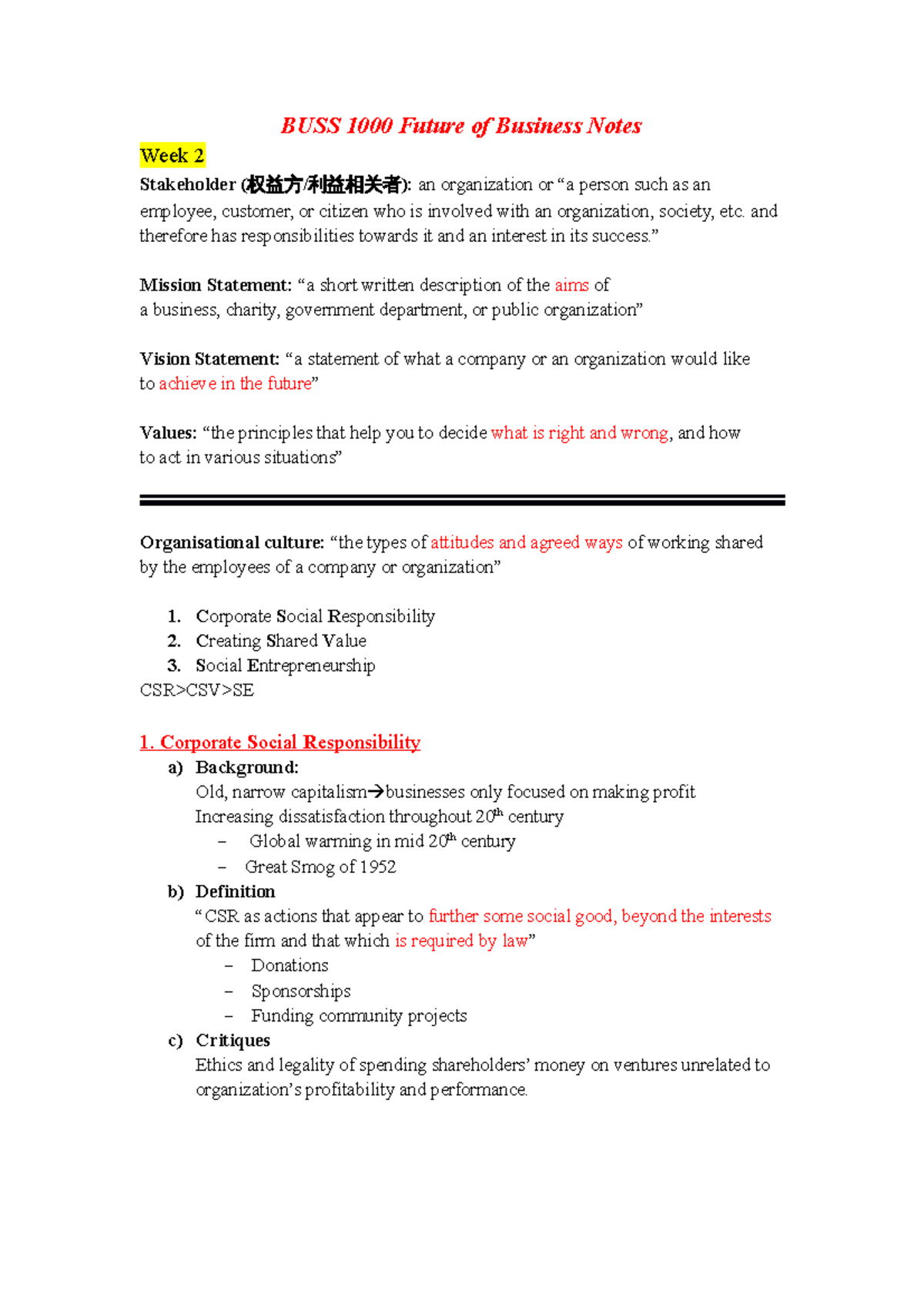 BUSS 1000 Future of Business Notes - and therefore has responsibilities ...