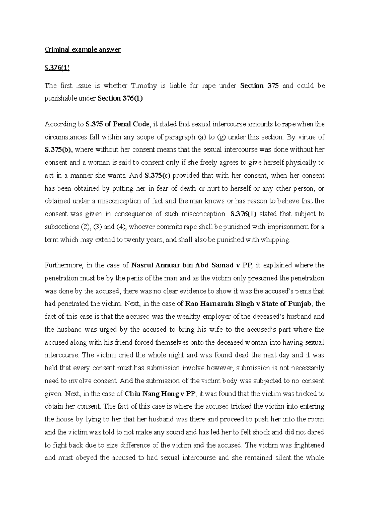 Criminal example answer Criminal example answer S(1) The first issue