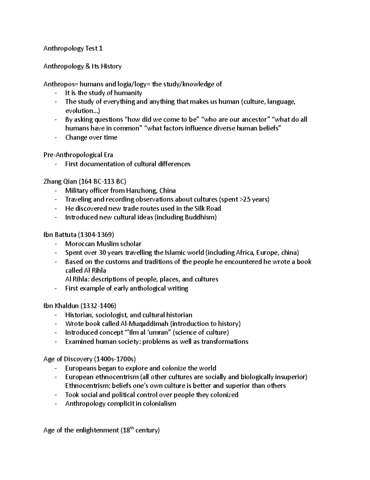 Anthropology Test 1 - Exam Review - Anthropology Test 1 Anthropology 