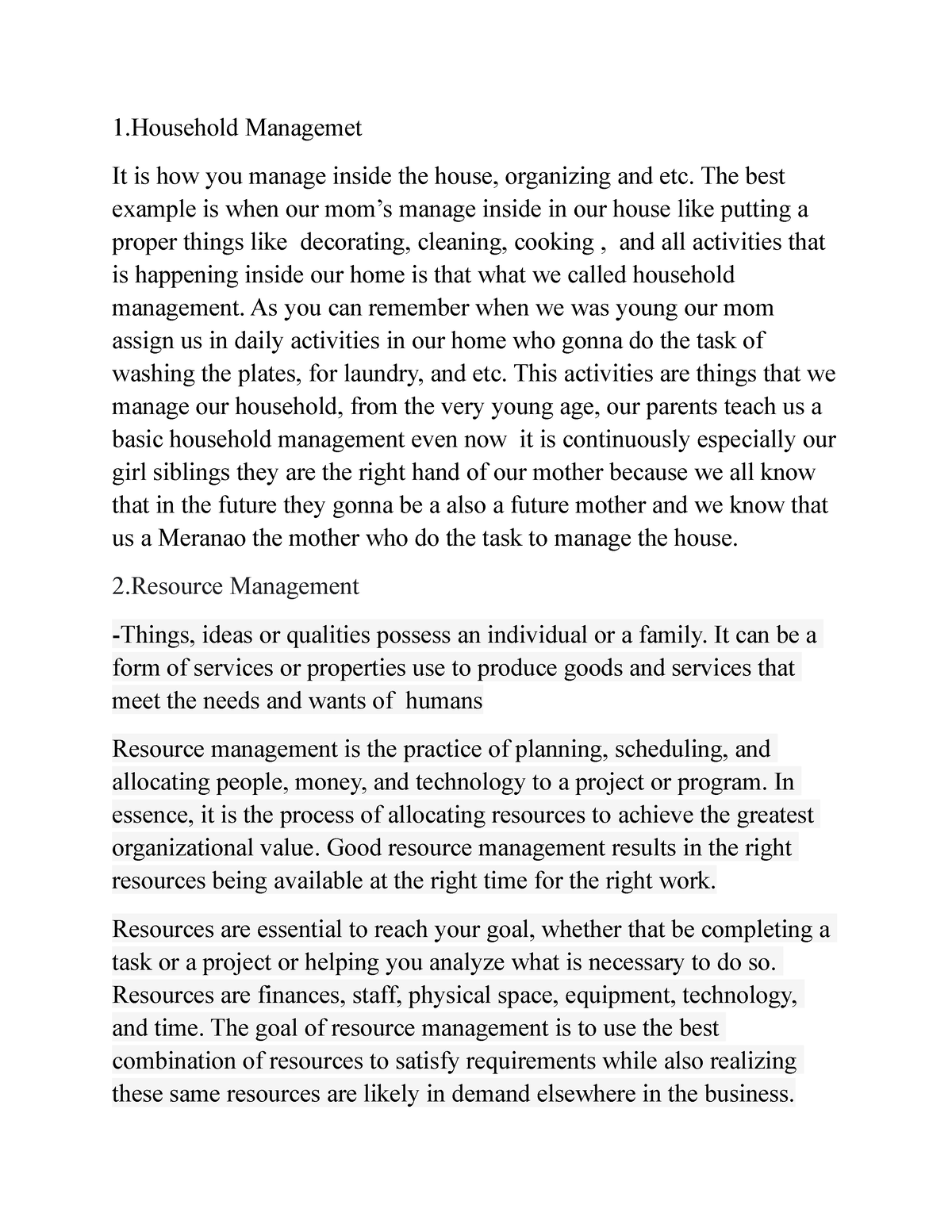 essay about home management