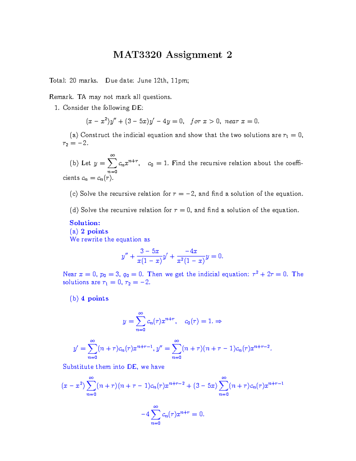 MAT3320 X S20 Ass2 Sol - MAT3320 Assignment 2 Total: 20 Marks. Due Date ...