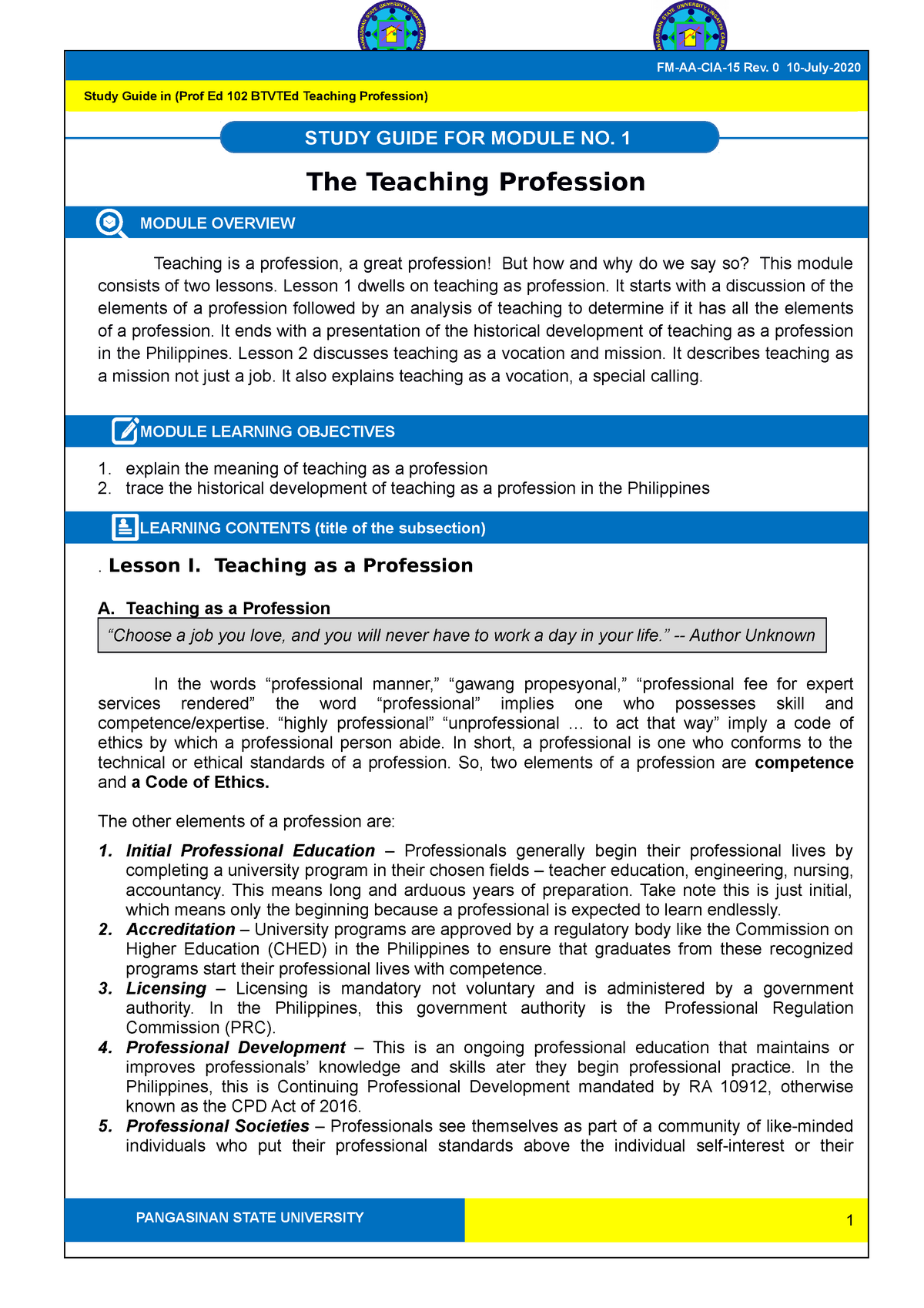 Module 1 Teaching PROF 2020 - Facilitating Learner Centered-Teaching ...