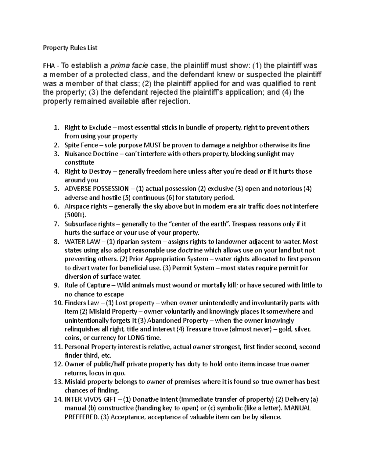 Property Rules List - Lecture notes 2-5 - Property Rules List FHA - To ...