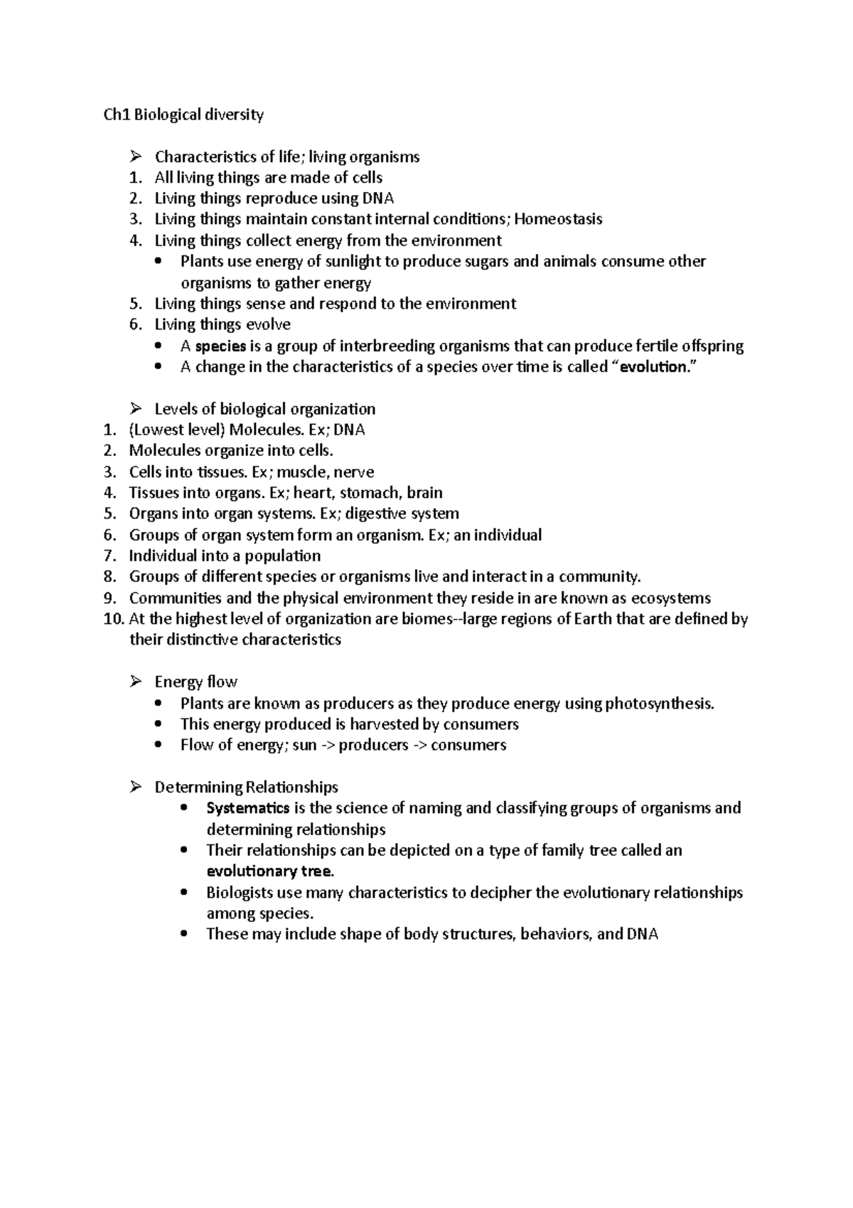 Bio notes - Ch1 Biological diversity Characteristics of life; living ...