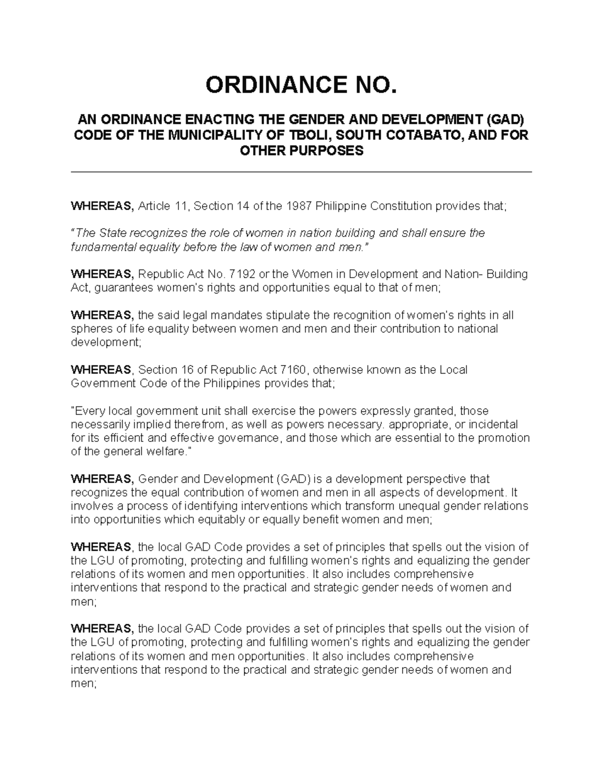 Ordinance NO Propose GAD CODE - ORDINANCE NO. AN ORDINANCE ENACTING THE ...
