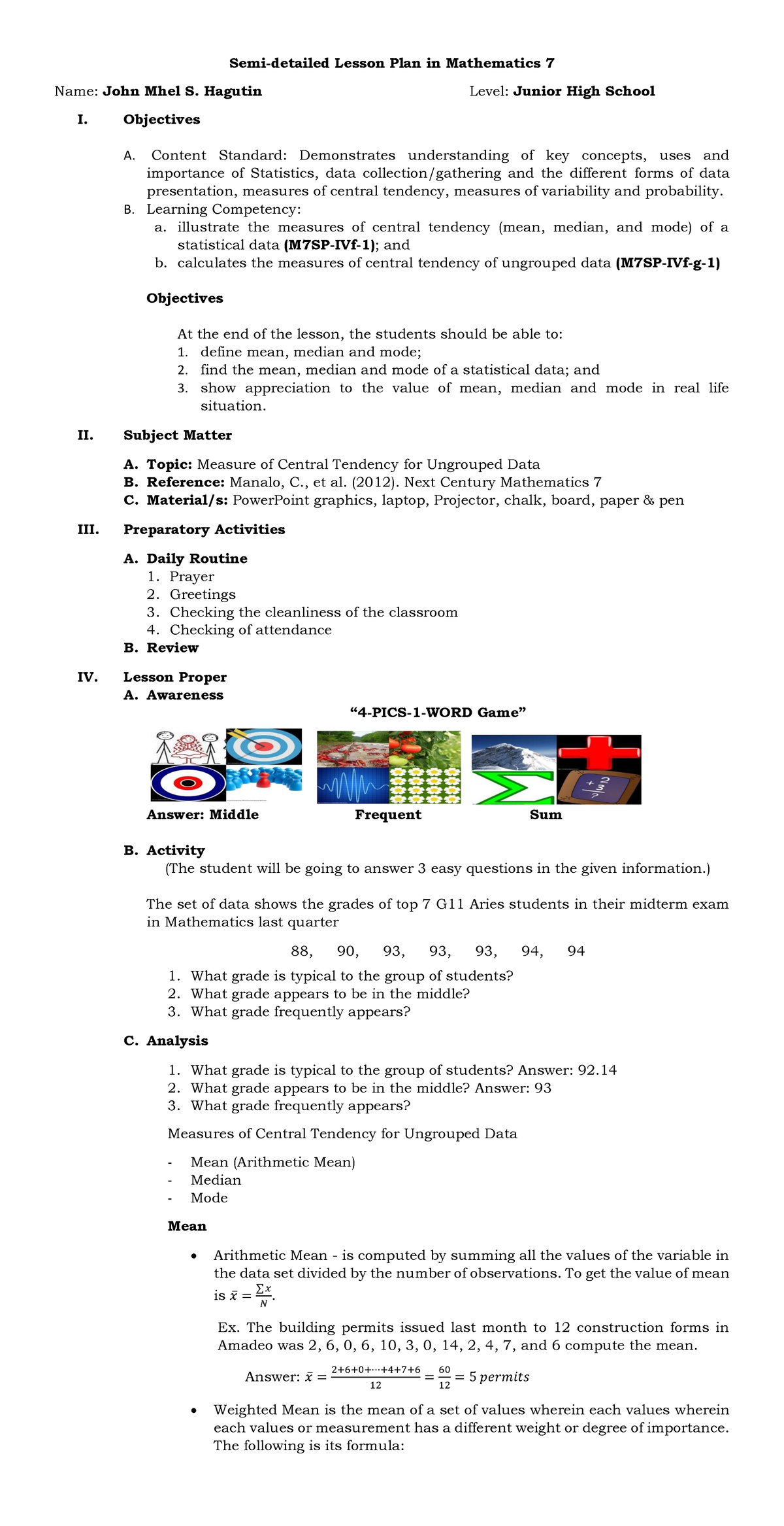 Detailed Lesson Plan In Measures Of Central Tendency Of Ungrouped Data