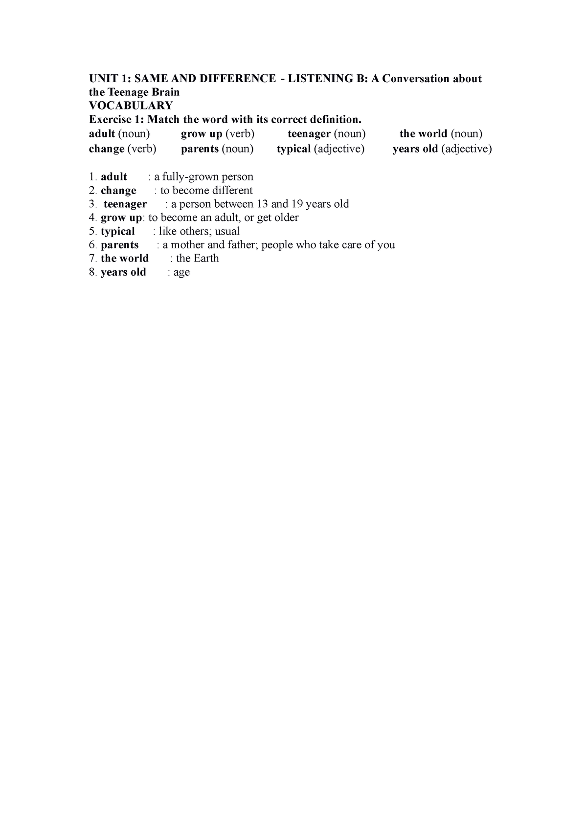 U1. Listening B. Vocabulary - Activation - UNIT 1: SAME AND DIFFERENCE ...