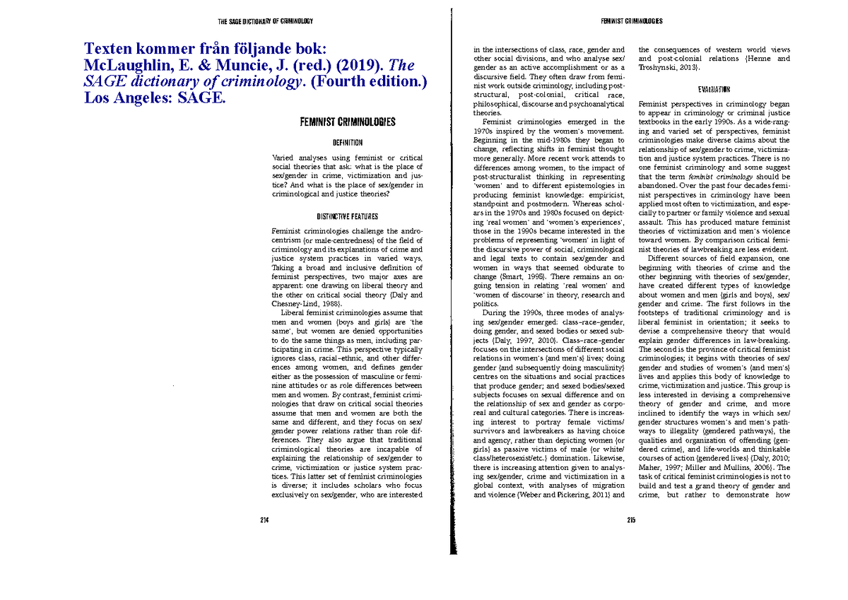 Feminist Criminologies THE SAGE DICTIONARY OF CRIMINOLOGY 214