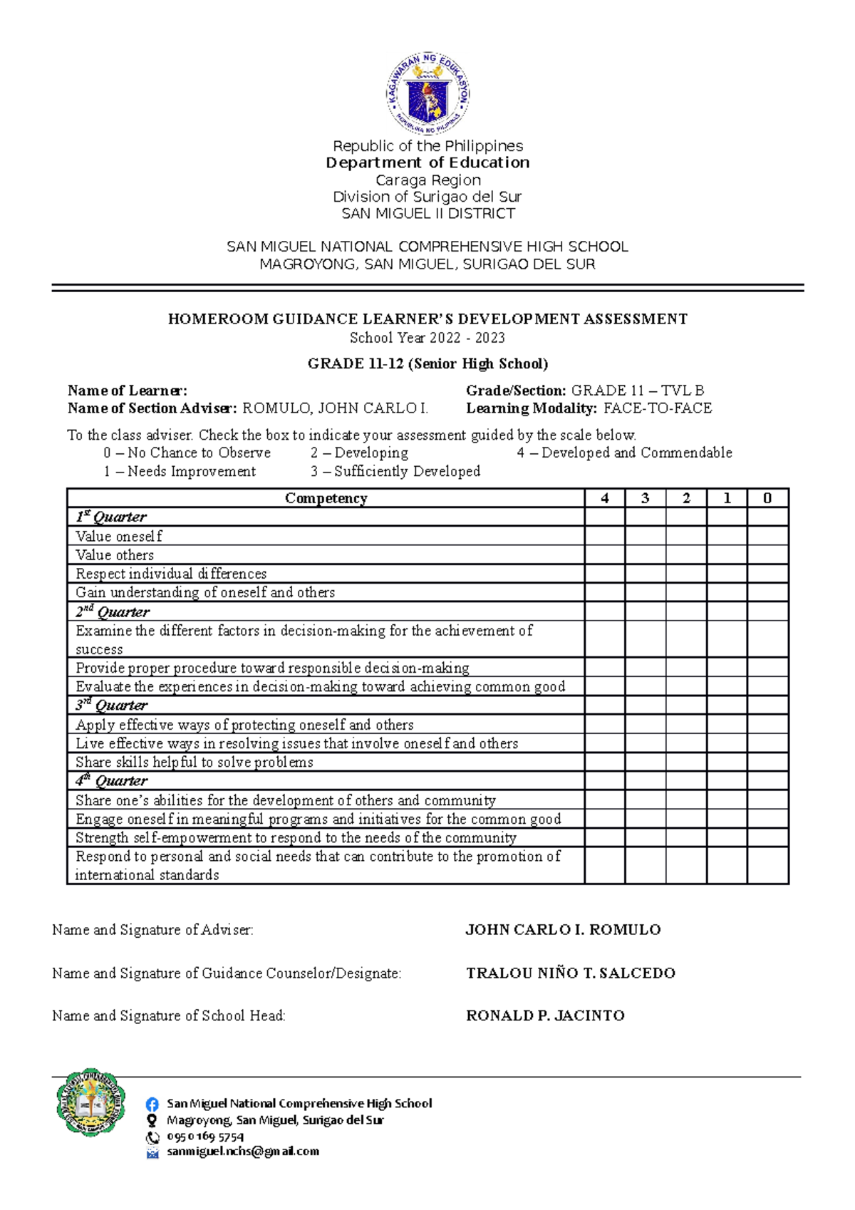 SHS- Hglda - Homeroom Assessment - Republic of the Philippines ...