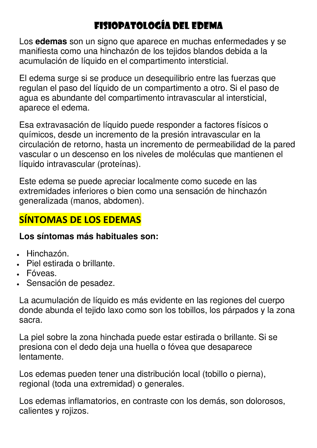 Fisiopatolog A Del Edema Fisiopatolog A Del Edema Los Edemas Son Un Signo Que Aparece En