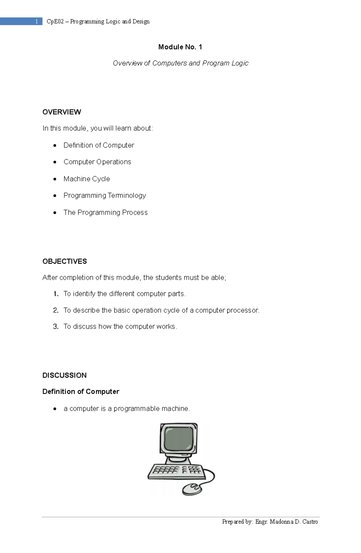Module 1 - n/a - Module No. 1 Overview of Computers and Program Logic ...