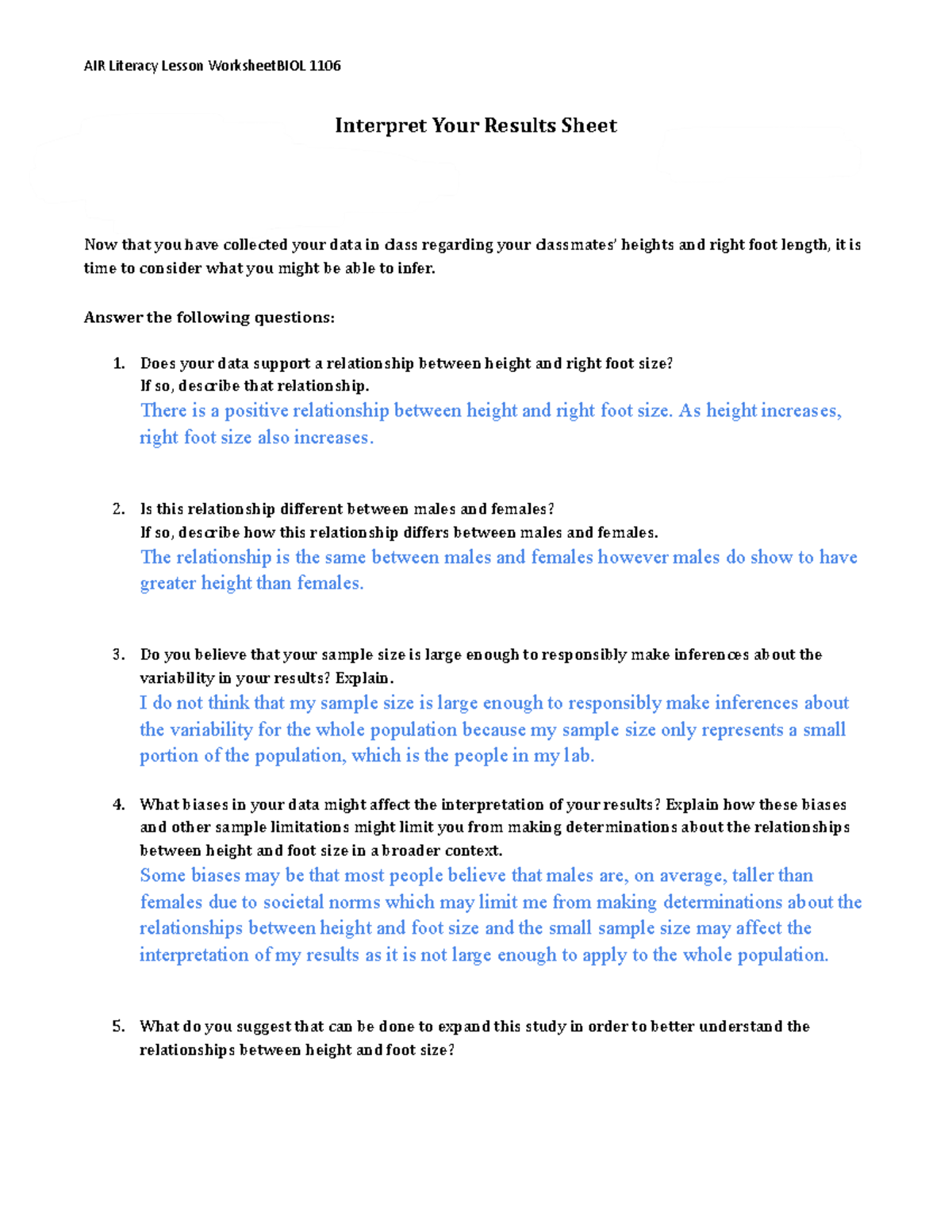 Interpret Your Results Sheet - AIR Literacy Lesson WorksheetBIOL 1106 ...