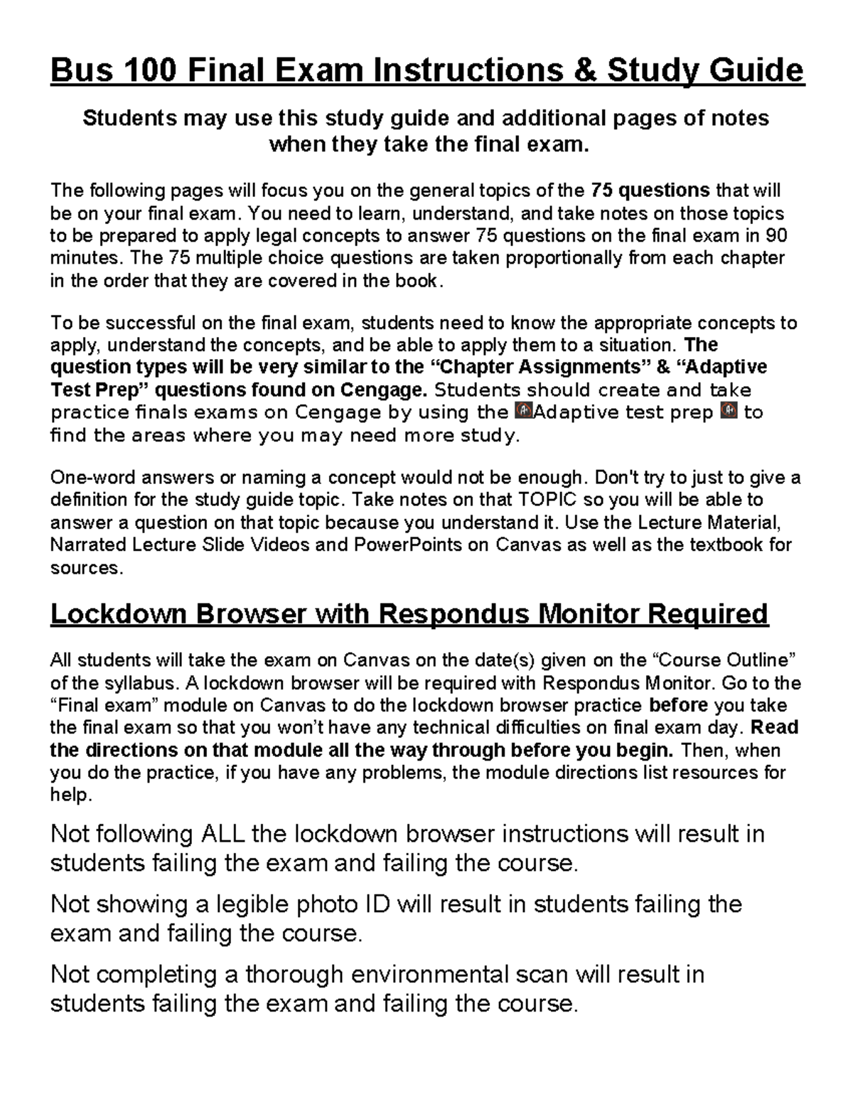 Online Bus 100 study guide version 23 - Bus 100 Final Exam Instructions ...