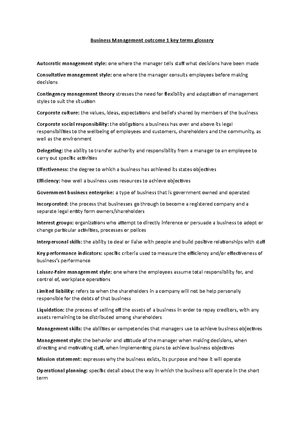 Business Management outcome 1 key terms glossary - Business Management ...