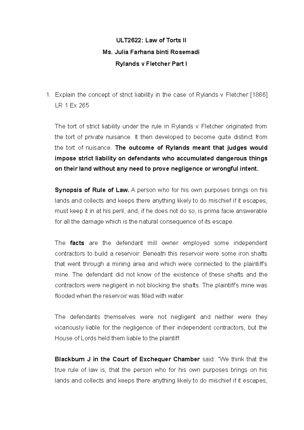 Tutorial ULT2622 2120 (Rylands v Fletcher Part I) - ULT2622: Law of ...