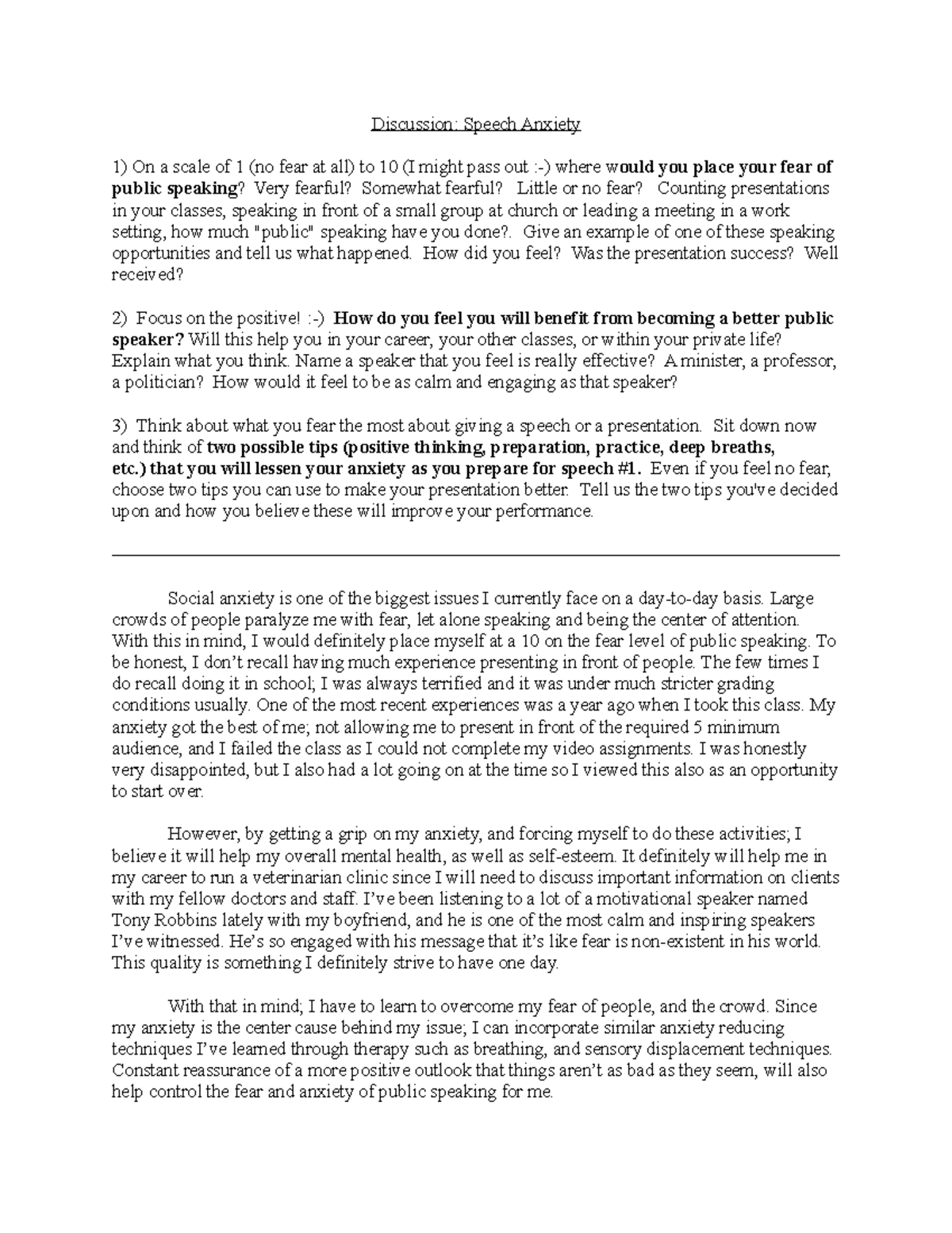 SPC2017 Discussion Speech Anxiety Discussion Speech Anxiety On a scale of 1 (no fear at all