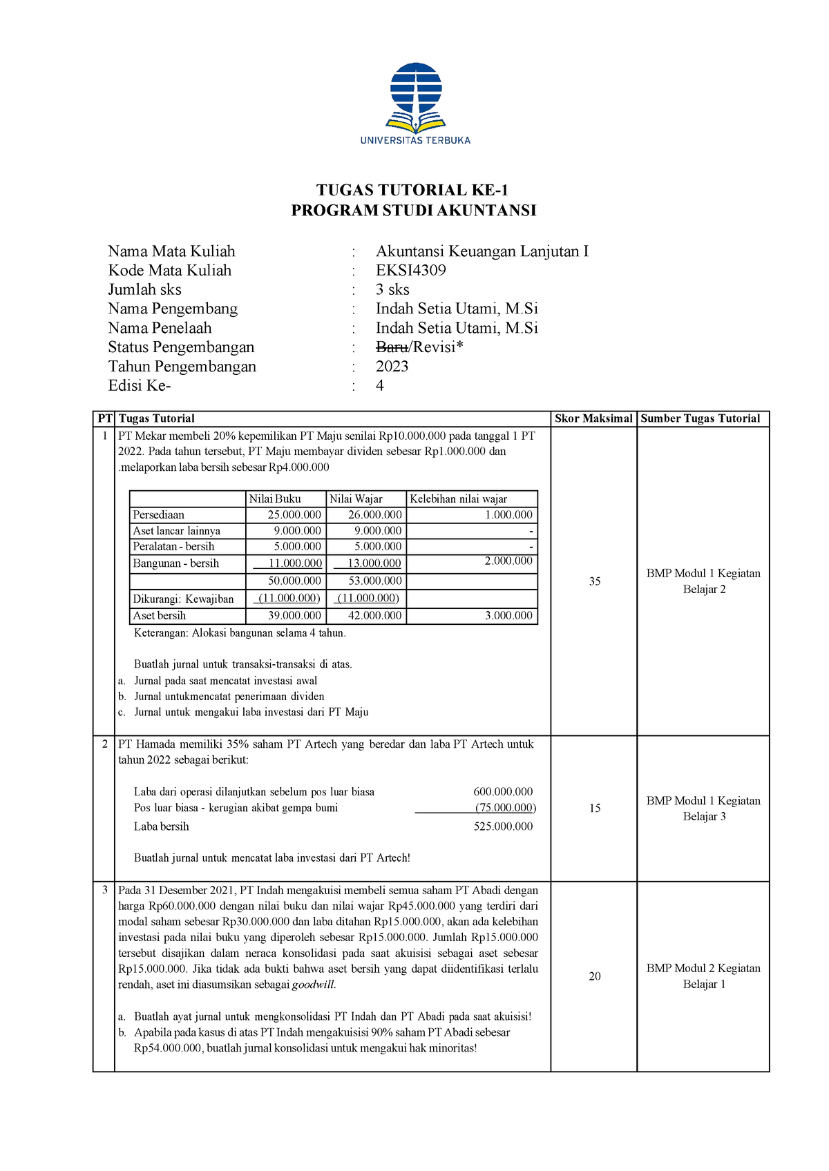 Tugas 1 AKL 1 - TUGAS TUTORIAL KE- PROGRAM STUDI AKUNTANSI Nama Mata ...