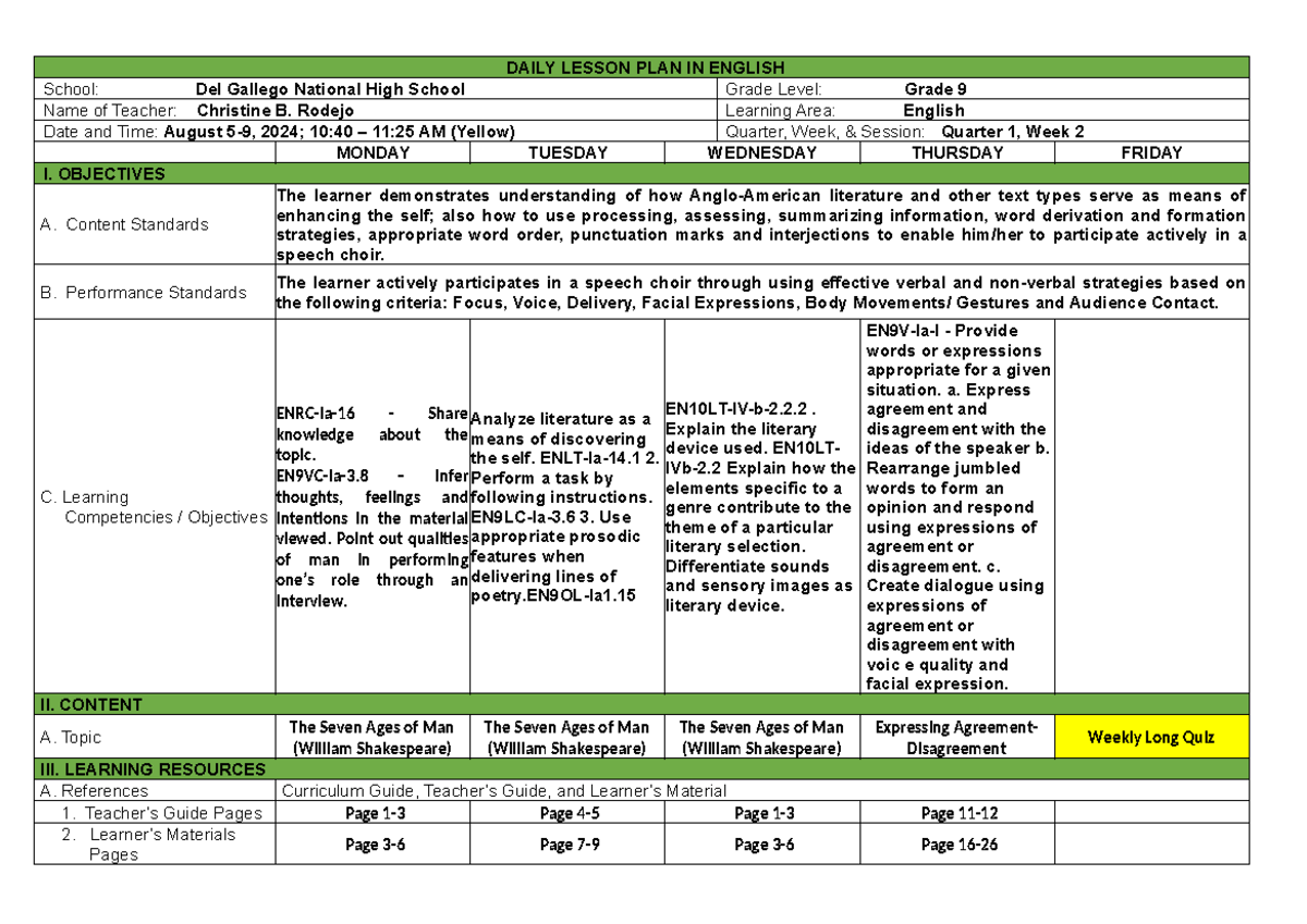 DLL Blank- Mapeh - Lesson Plan - DAILY LESSON PLAN IN ENGLISH School ...