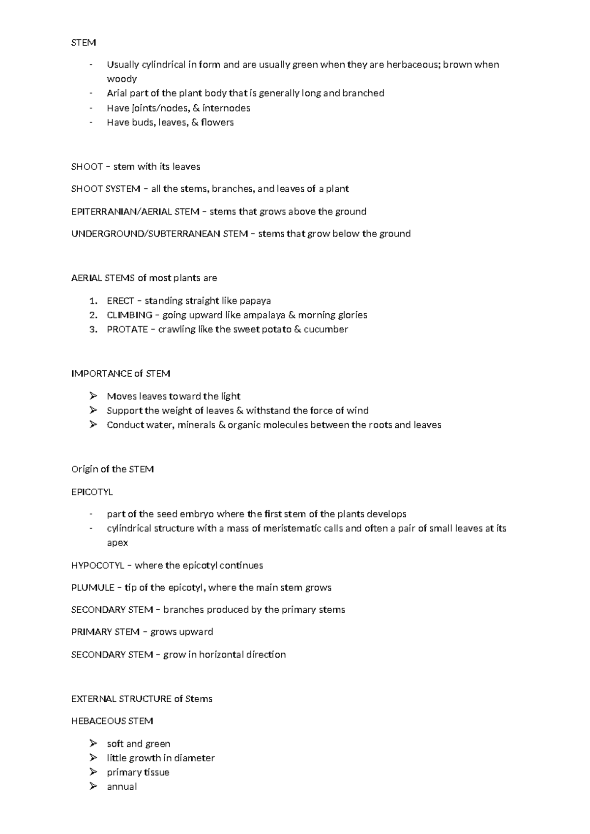 STEM - notes for botany - STEM Usually cylindrical in form and are ...