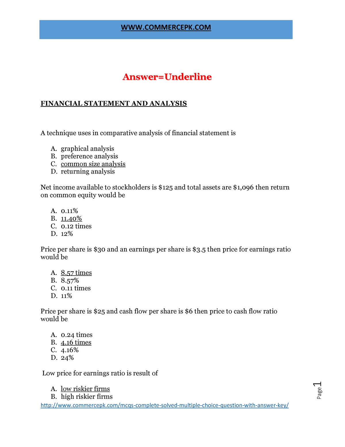 Financial Management Mcqs Pdf - Page 1 AAnnsswweerr==UUnnddeerrlliinnee ...