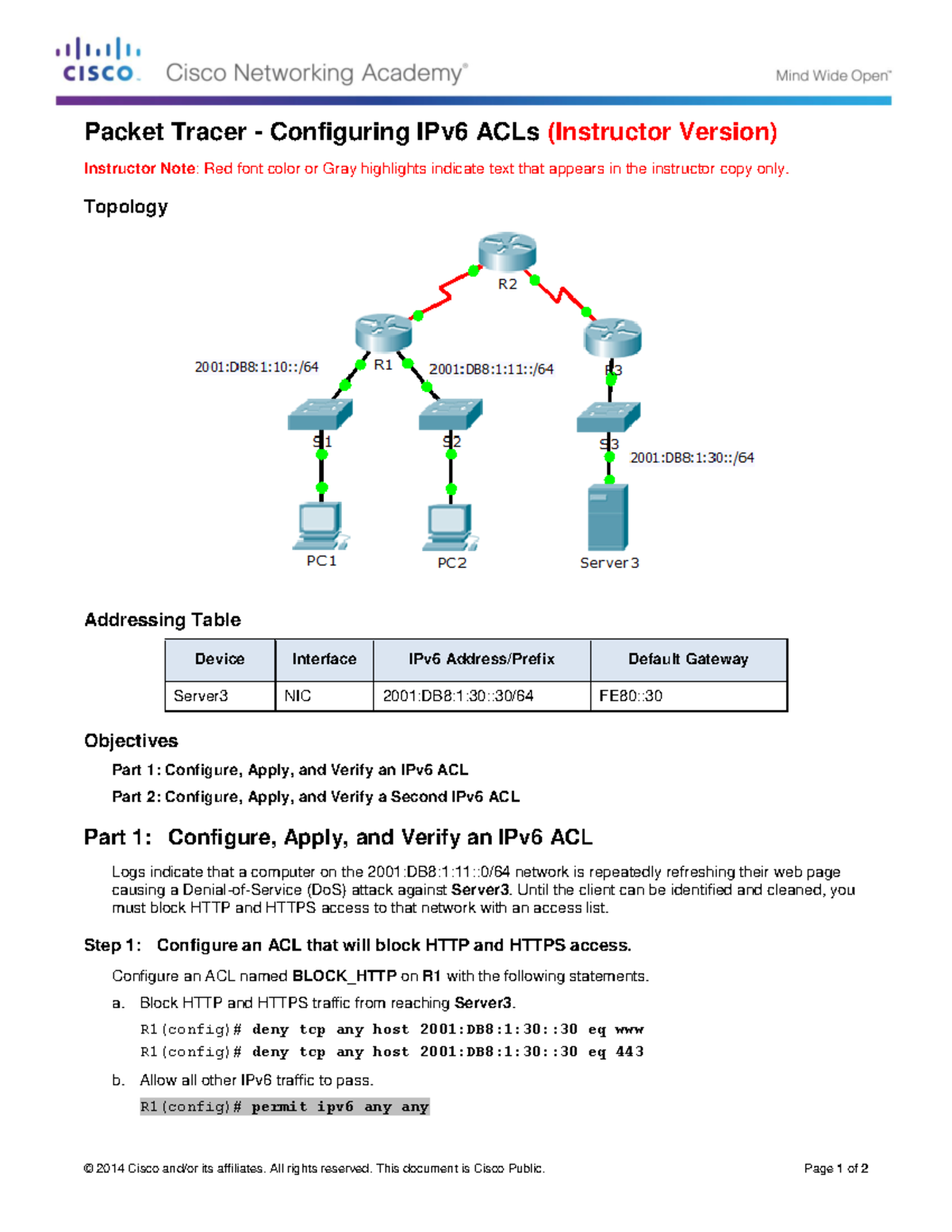 9.5.2.6 Packet Tracer - Configuring IPv6 ACLs Instructions IG - © 2014 ...
