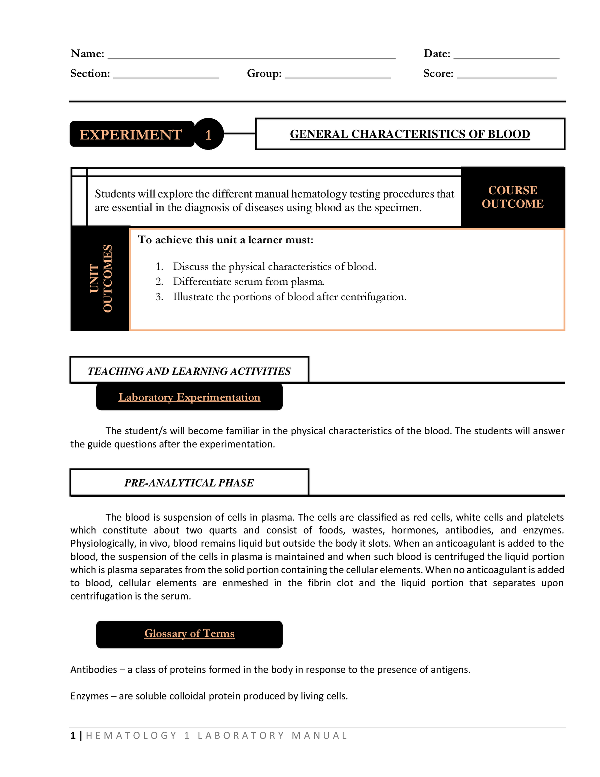 1 Hematology 1 LAB Manual - 1 | H E M A T O L O G Y 1 L A B O R A T O R ...