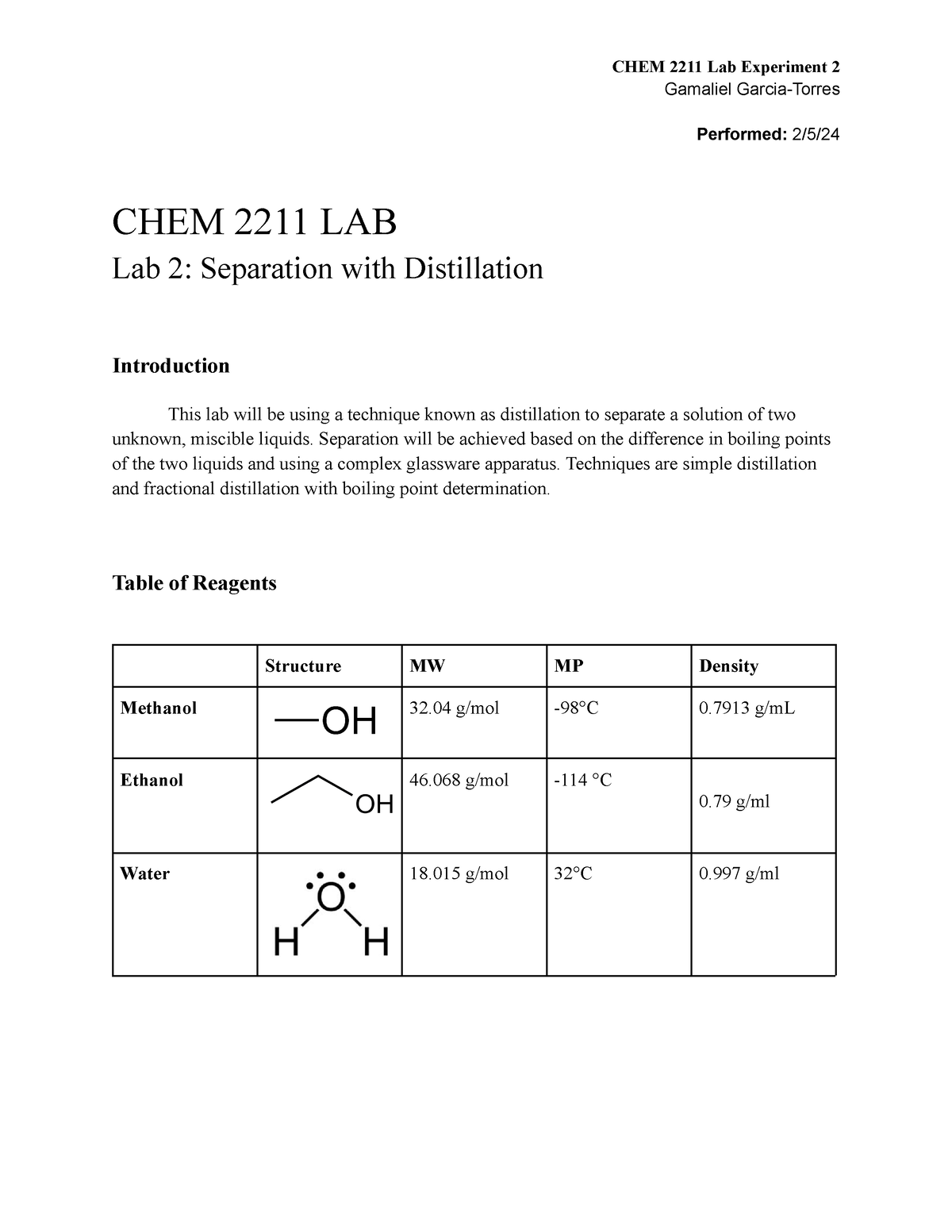 CHEM 2211 LAB 2 - Distillation - Gamaliel Garcia-Torres Performed: 2/5 ...