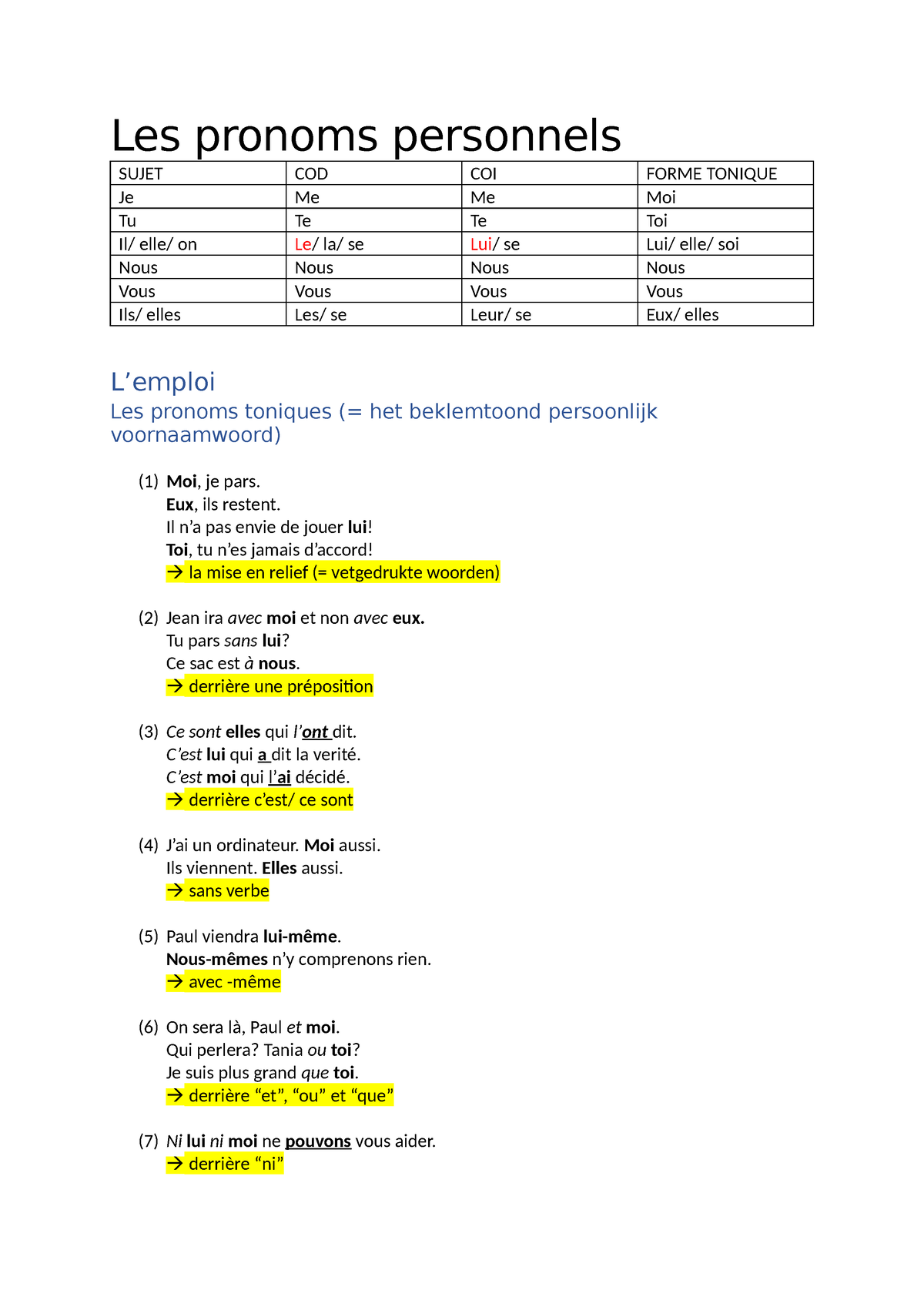 Les Pronoms Personnels Théorie - Les Pronoms Personnels SUJET COD COI ...