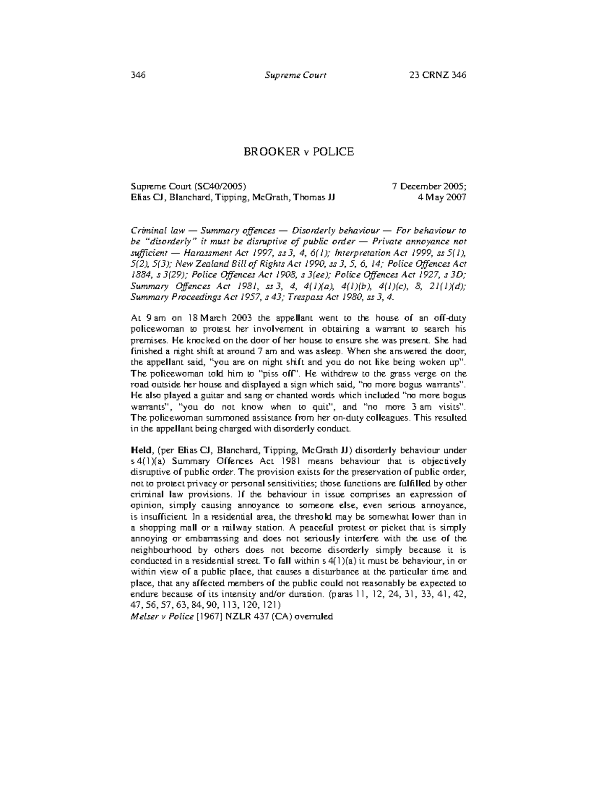 WK 1 Brooker V Police case 346 Supreme Court 23 CRNZ 346 BROOKER v POLICE Supreme Court