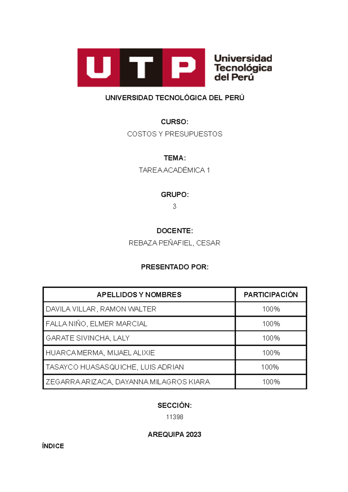 TA1 - Areas Academica - UNIVERSIDAD TECNOLÓGICA DEL PERÚ CURSO: COSTOS ...