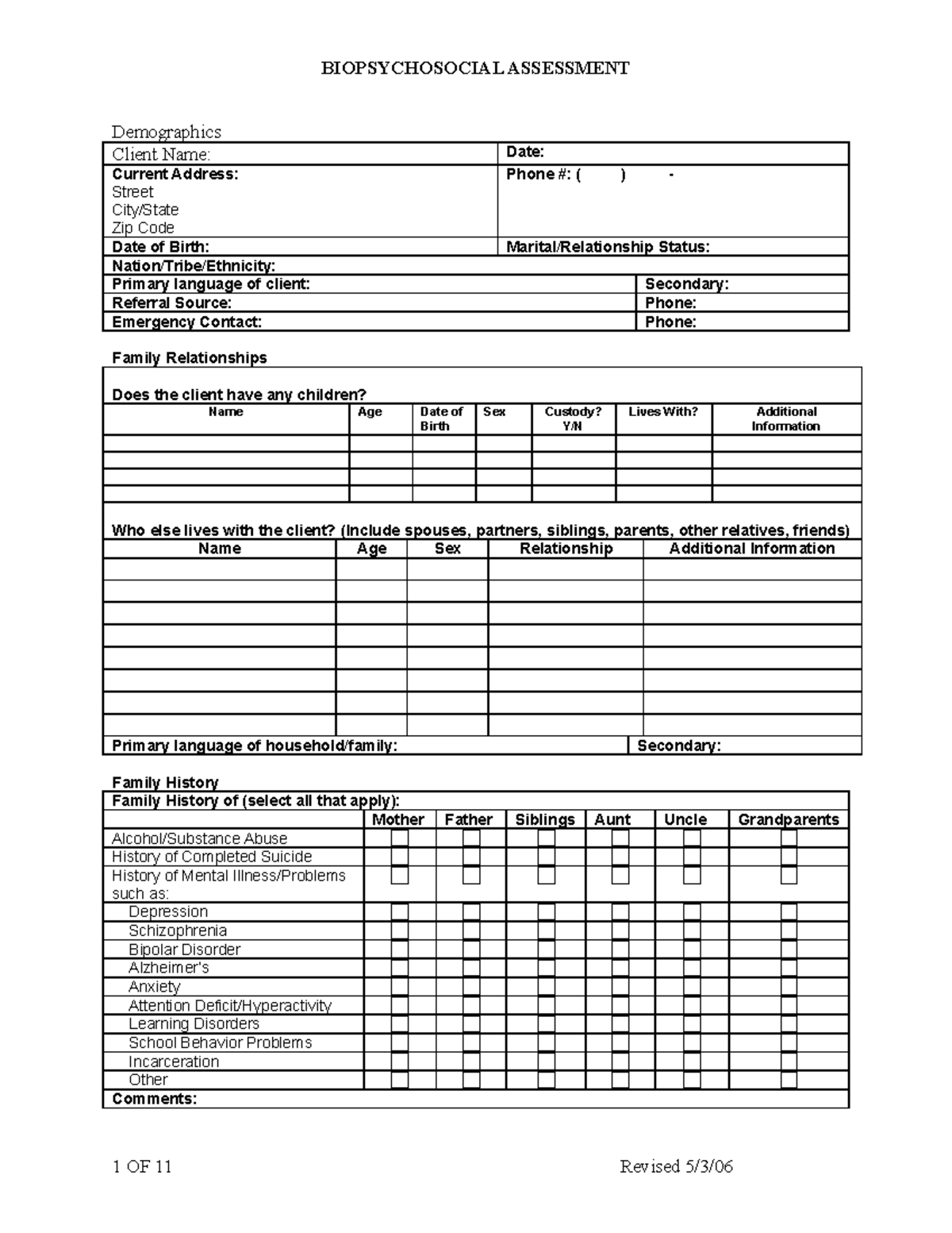 Adult Standard Biopsychosocial Template - Demographics Client Name ...