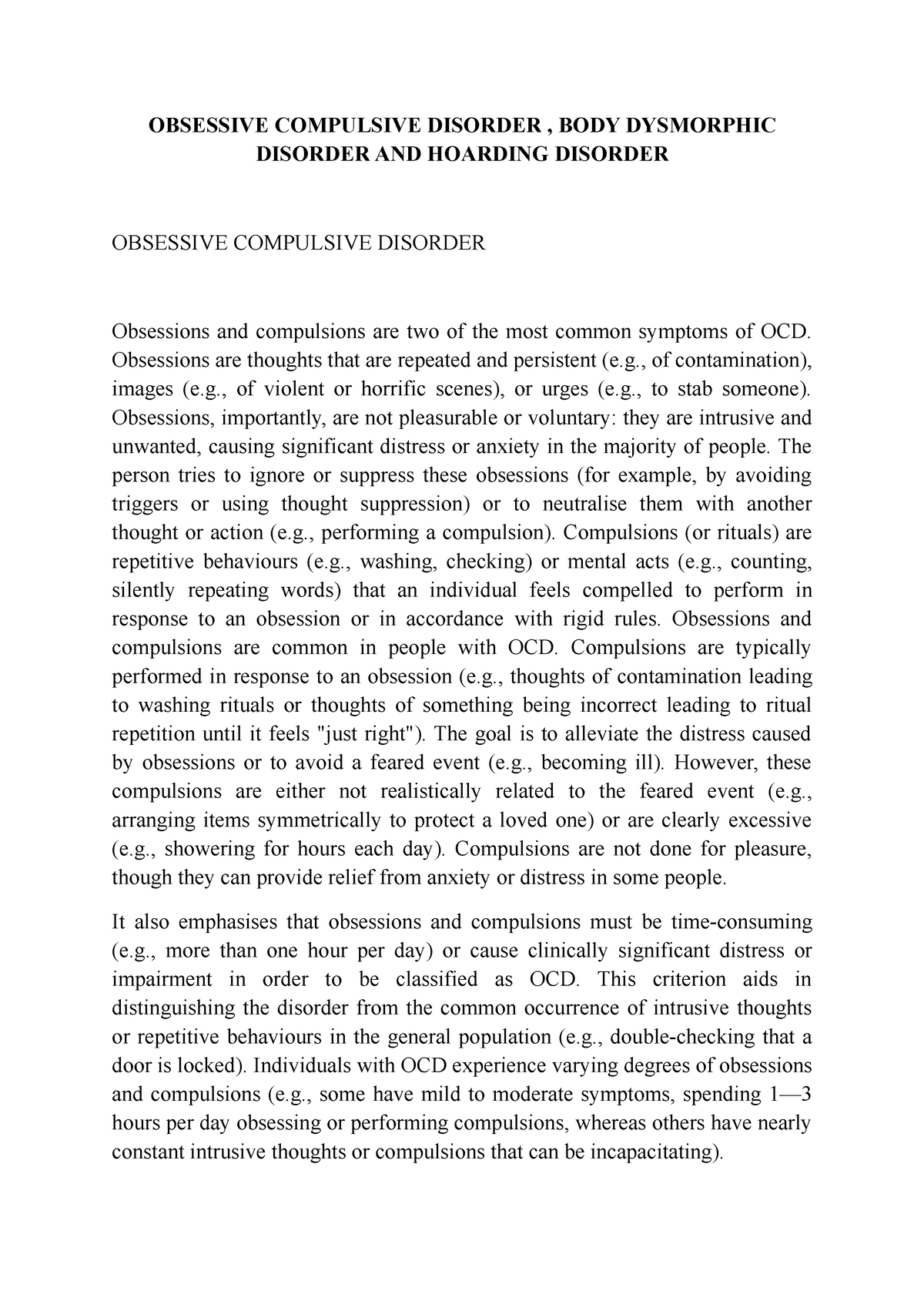 Obsessive Compulsive Disorder , BODY Dysmorphic Disorder AND Hoarding ...