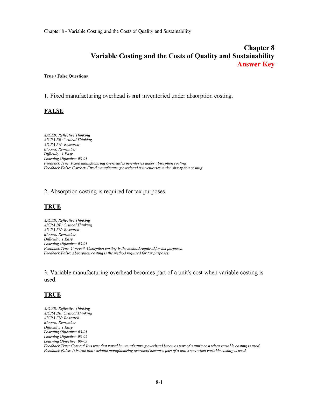 Ch8 Variable Costing - Notes - Chapter 8 Variable Costing And The Costs ...