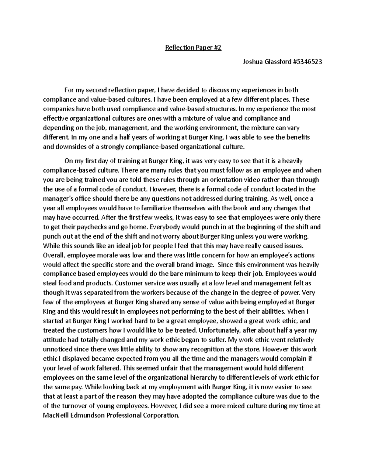 Docx - Ethics 3p82 - Reflection Paper # Joshua Glassford # For my ...