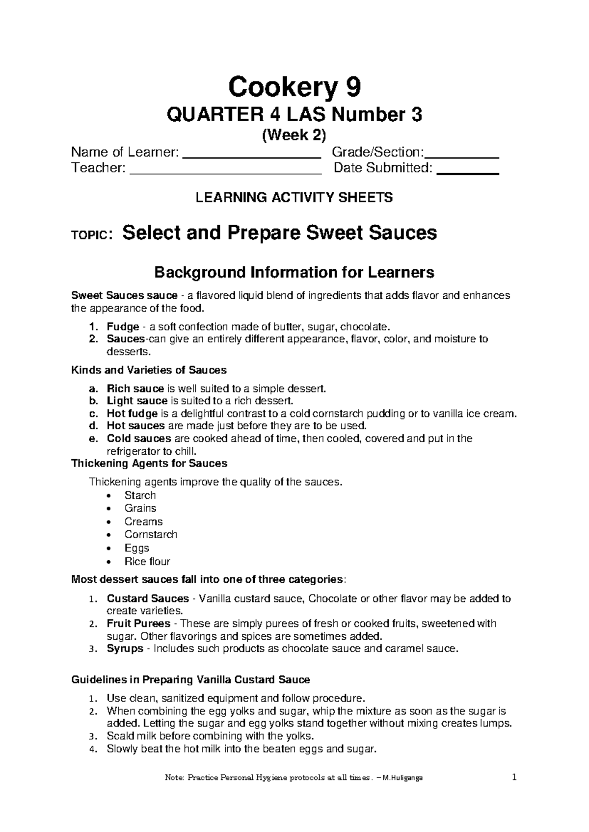 cookery 9 quarter4 - Note: Practice Personal Hygiene protocols at all ...
