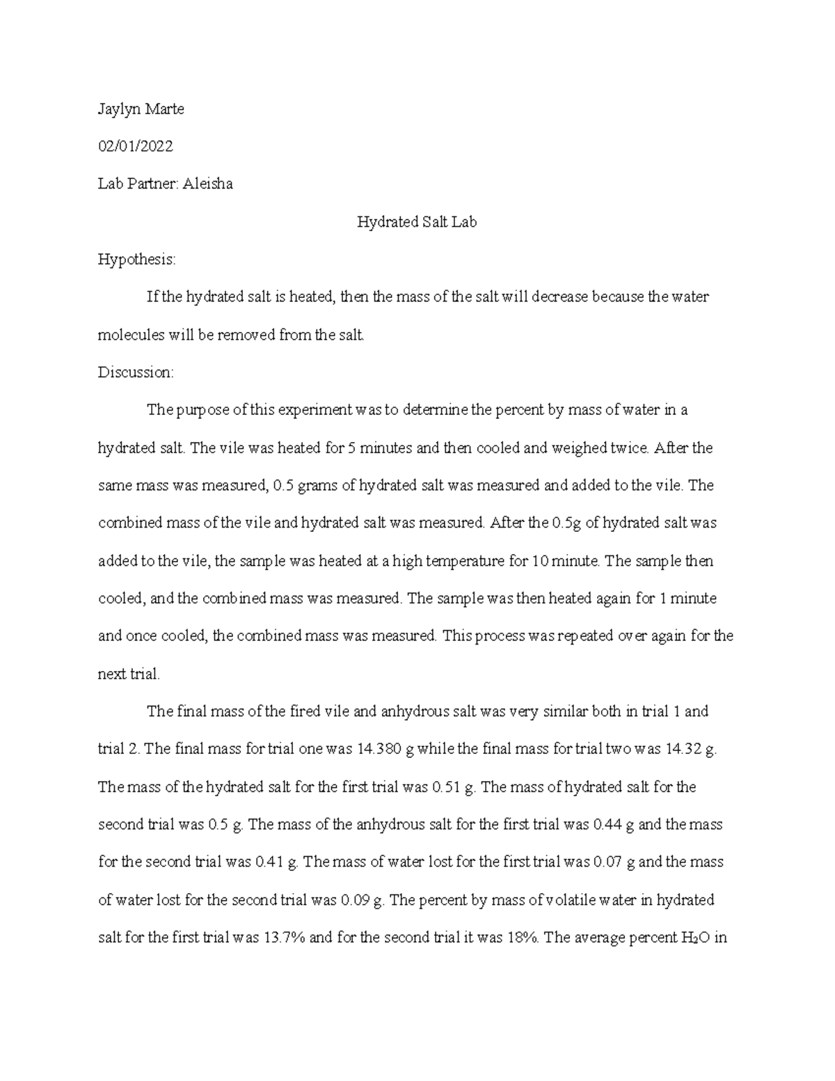 Experiment 5 Hydrated Salt Lab chm 2045 NSU Studocu