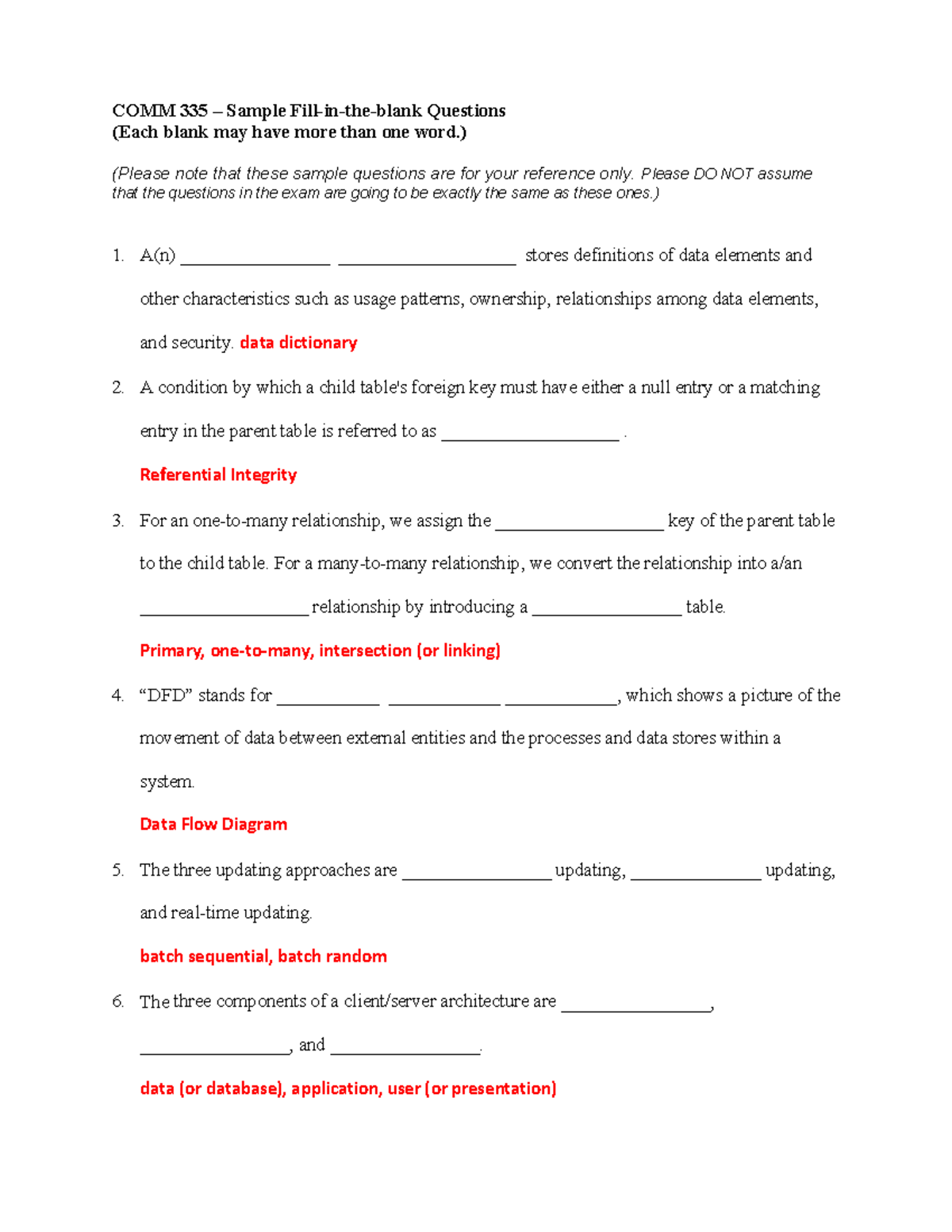 C335 sample fill in the blank questions ans - COMM 335 Sample Questions ...