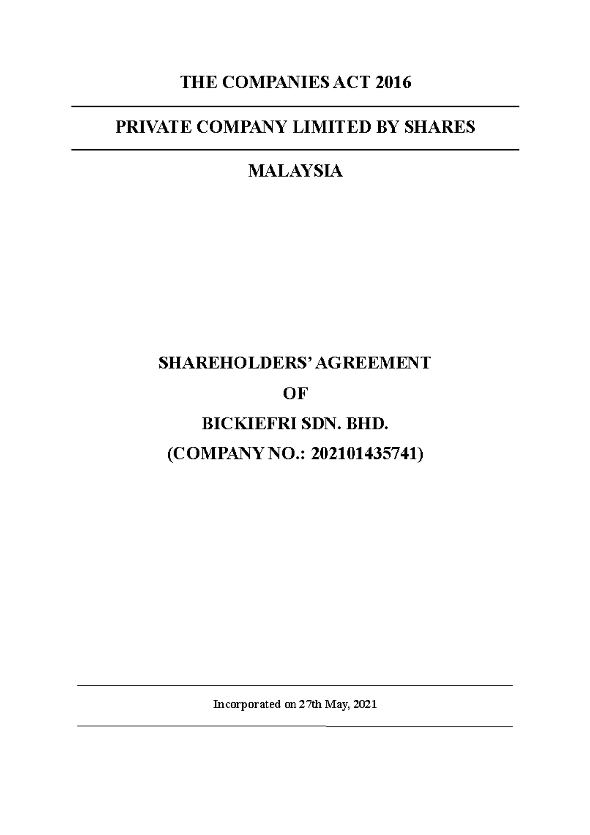 9. Shareholders' Agreement for conversion from sole prop into private ...