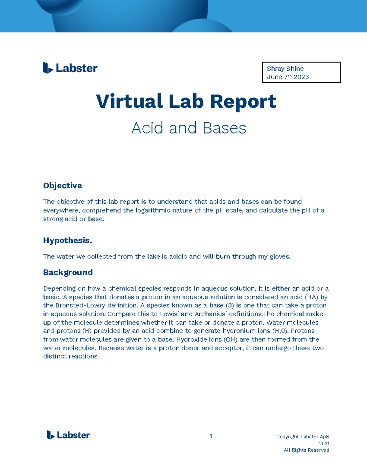 Lab Report - Acid And Bases - 1 Copyright Labster ApS 2021 All Rights ...