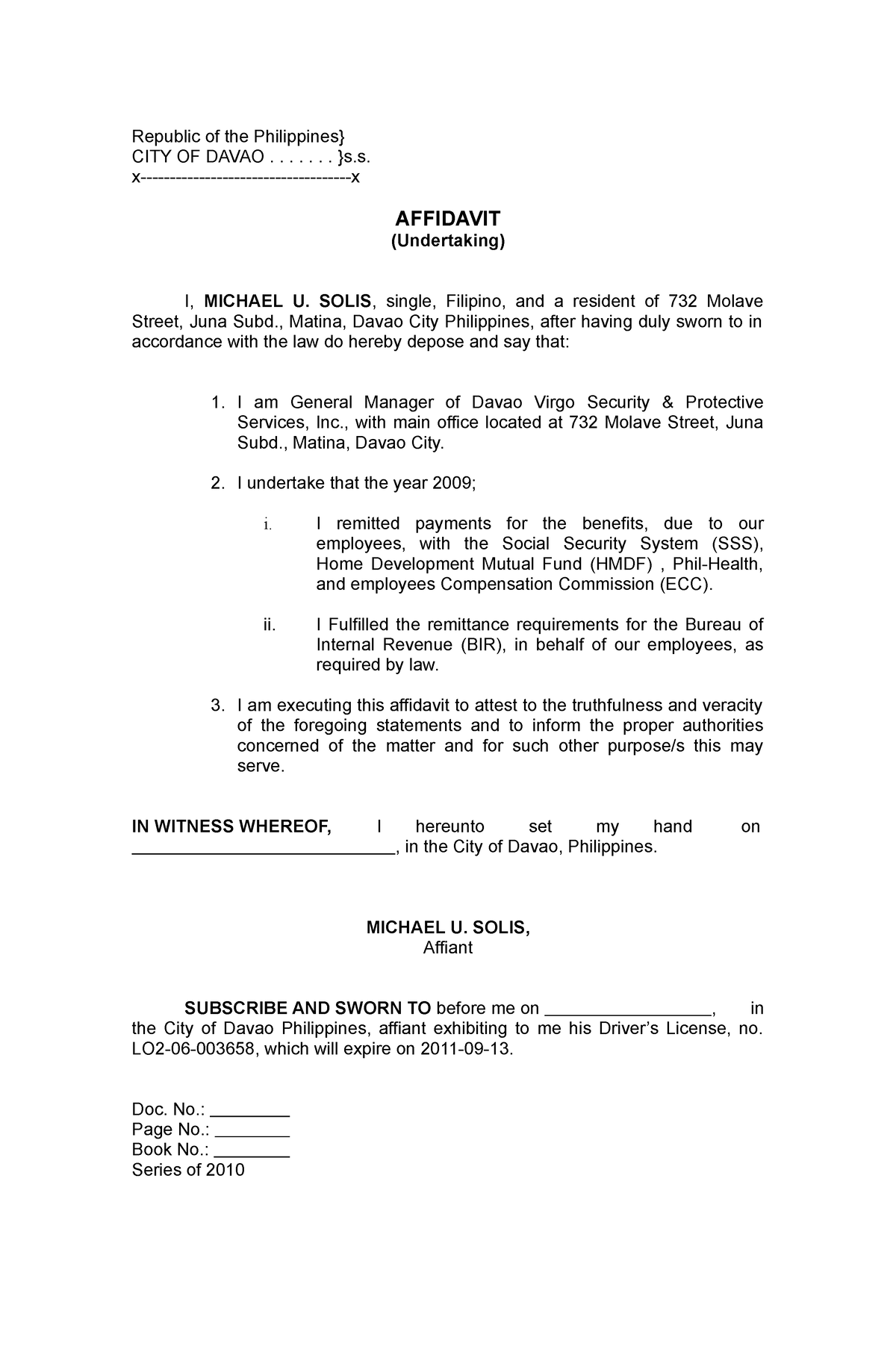 Affdavit Undertaking Republic Of The Philippines City Of Davao S X X Affidavit 6742