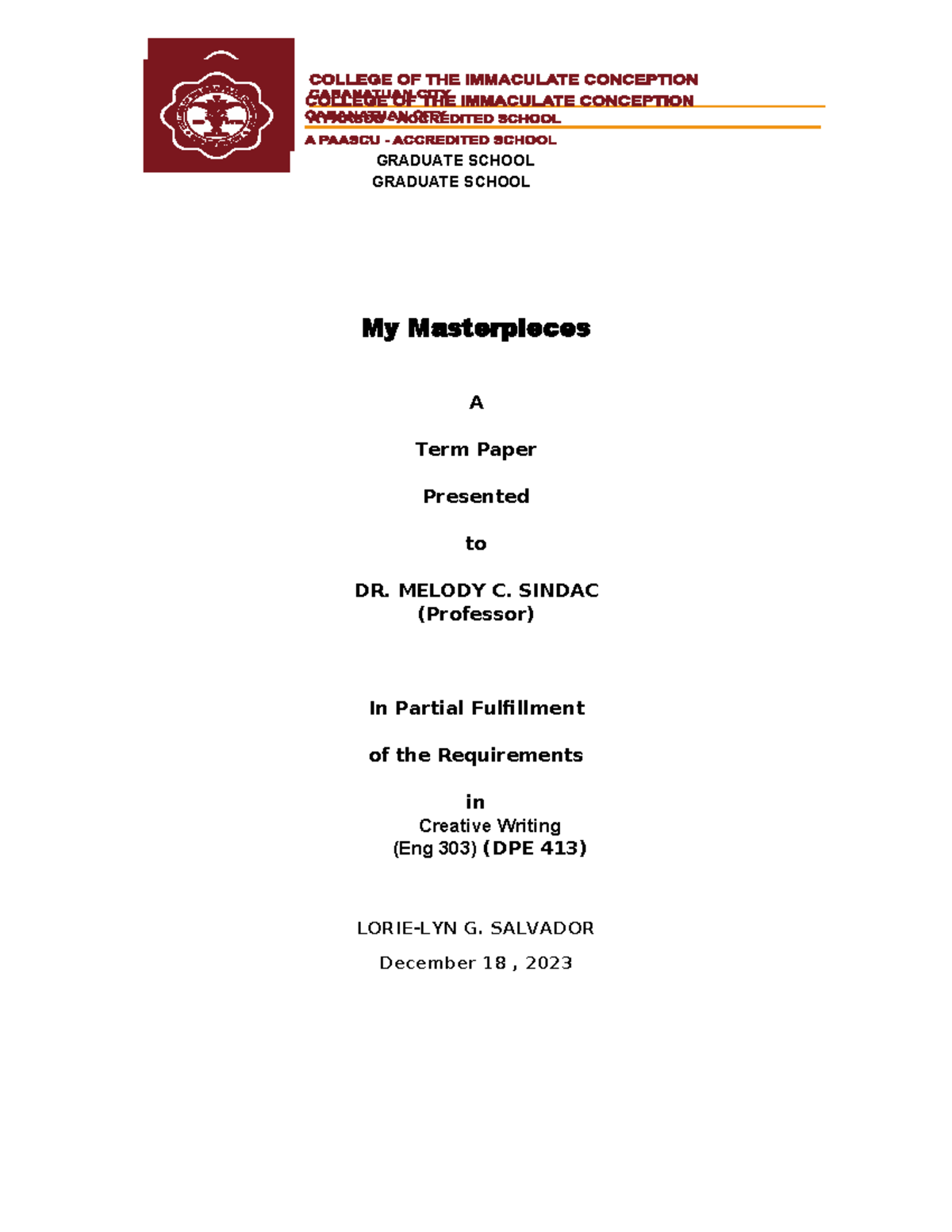 TERM Paper IN Creative Writing - GRADUATE SCHOOL GRADUATE SCHOOL My ...