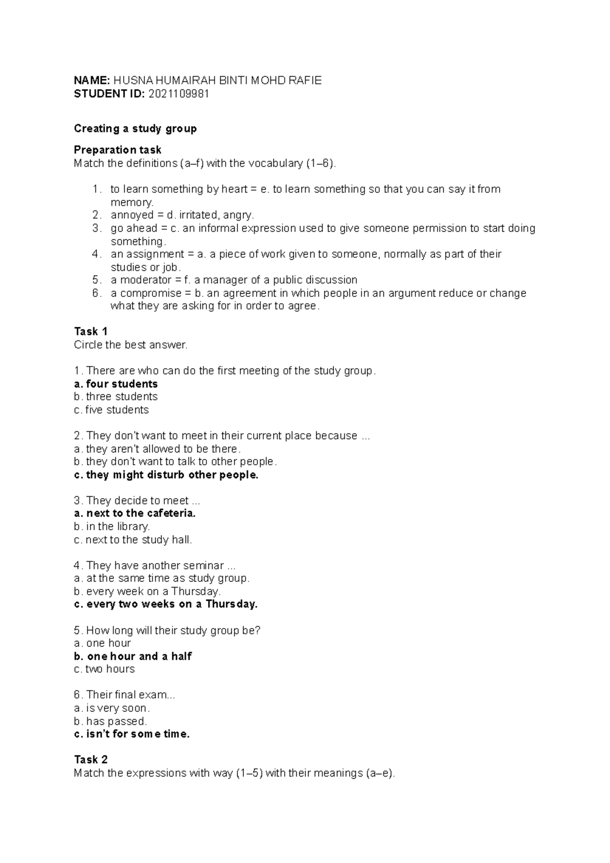 Creating a study group name husna humairah binti mohd rafie student