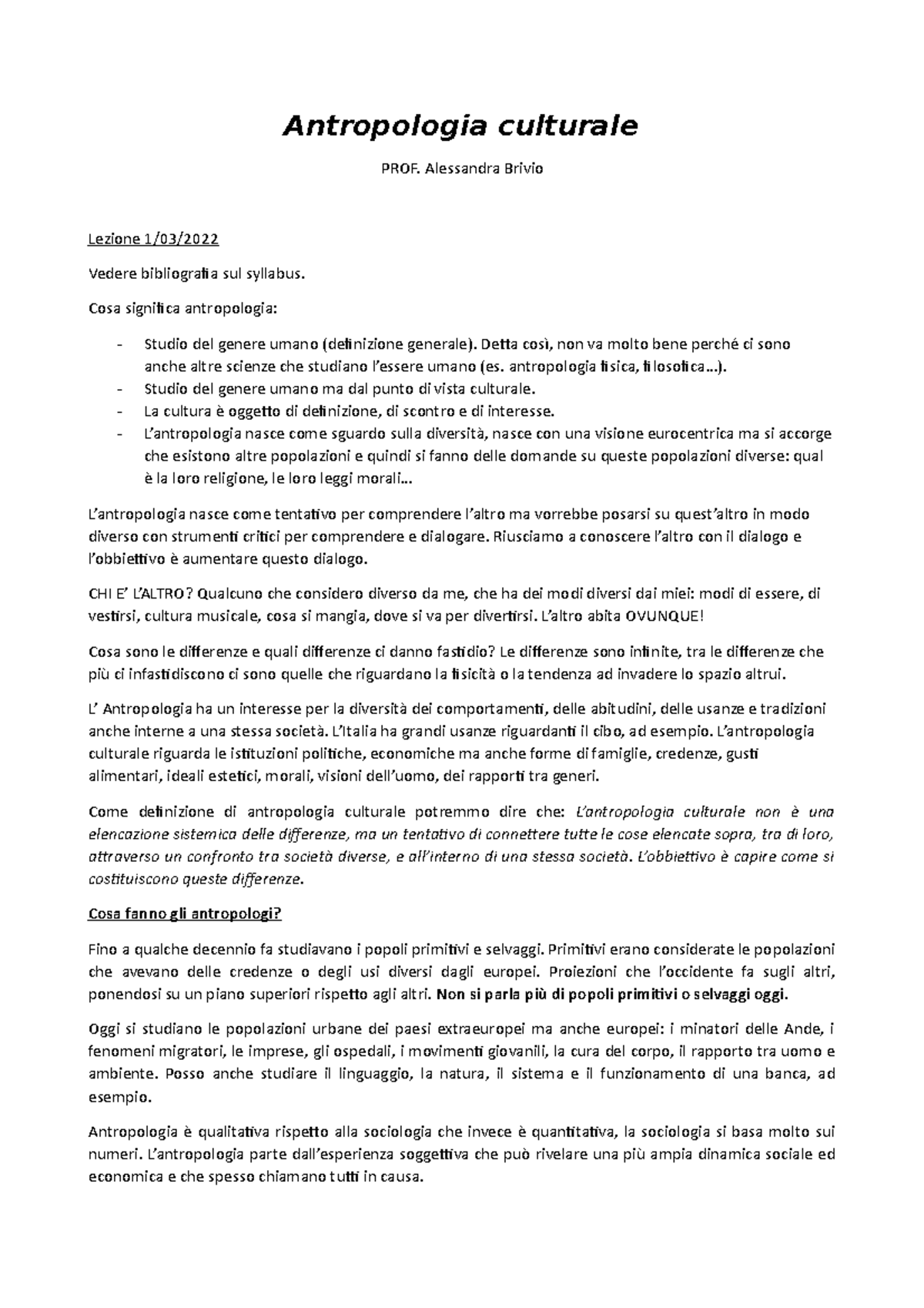 Antropologia culturale Antropologia culturale PROF. Alessandra Brivio