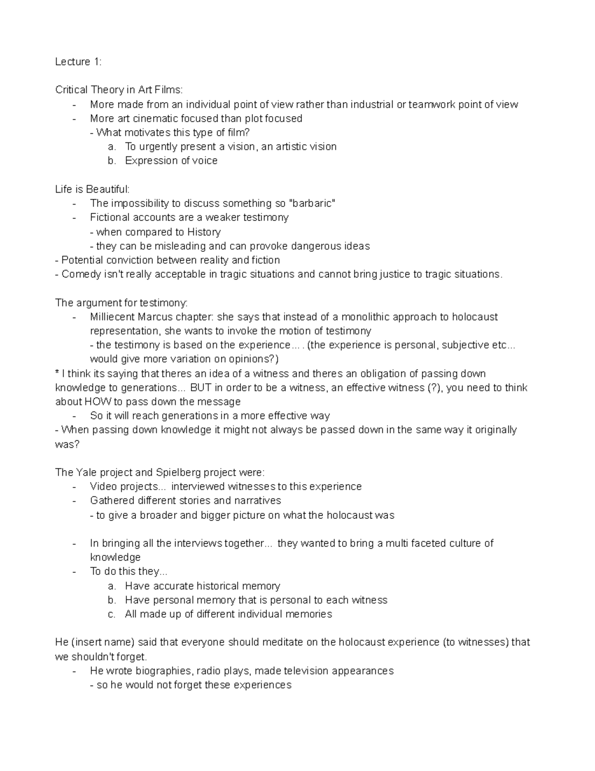 Lecture 1 - Life is Beautiful film analysis - Lecture 1: Critical ...