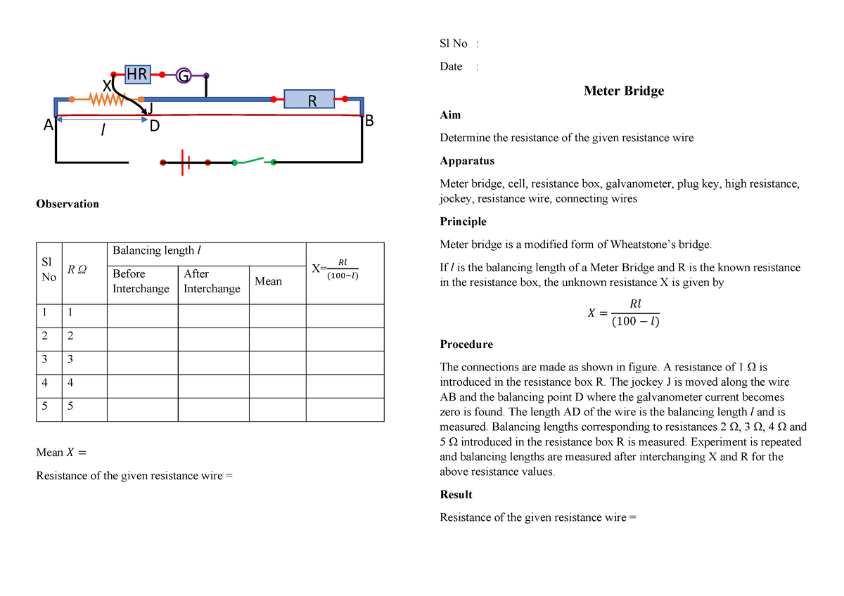 Fair Record Meter Bridge - Observation Sl No R Ω Balancing length l ...