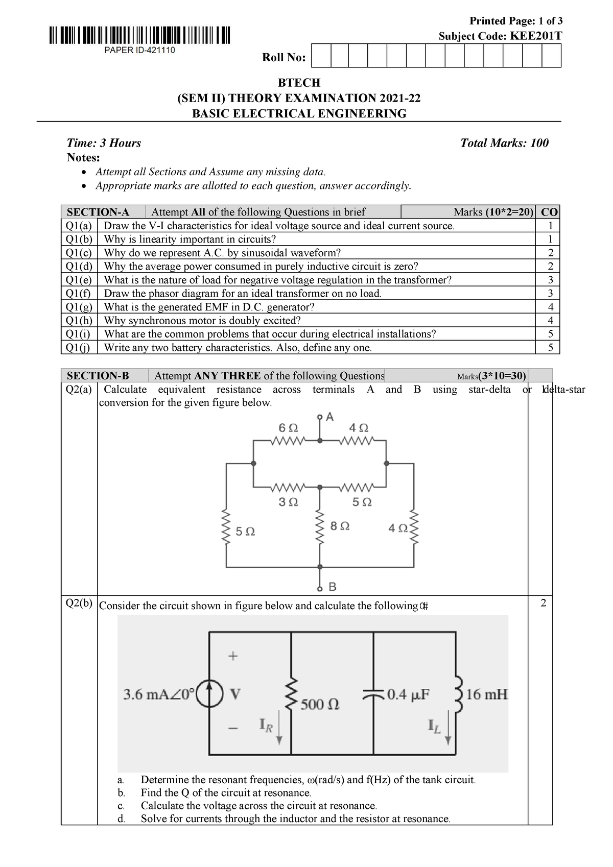 Btech 2 Sem Basic Electrical Engineering Kee201t 2022 - Printed Page: 1 ...