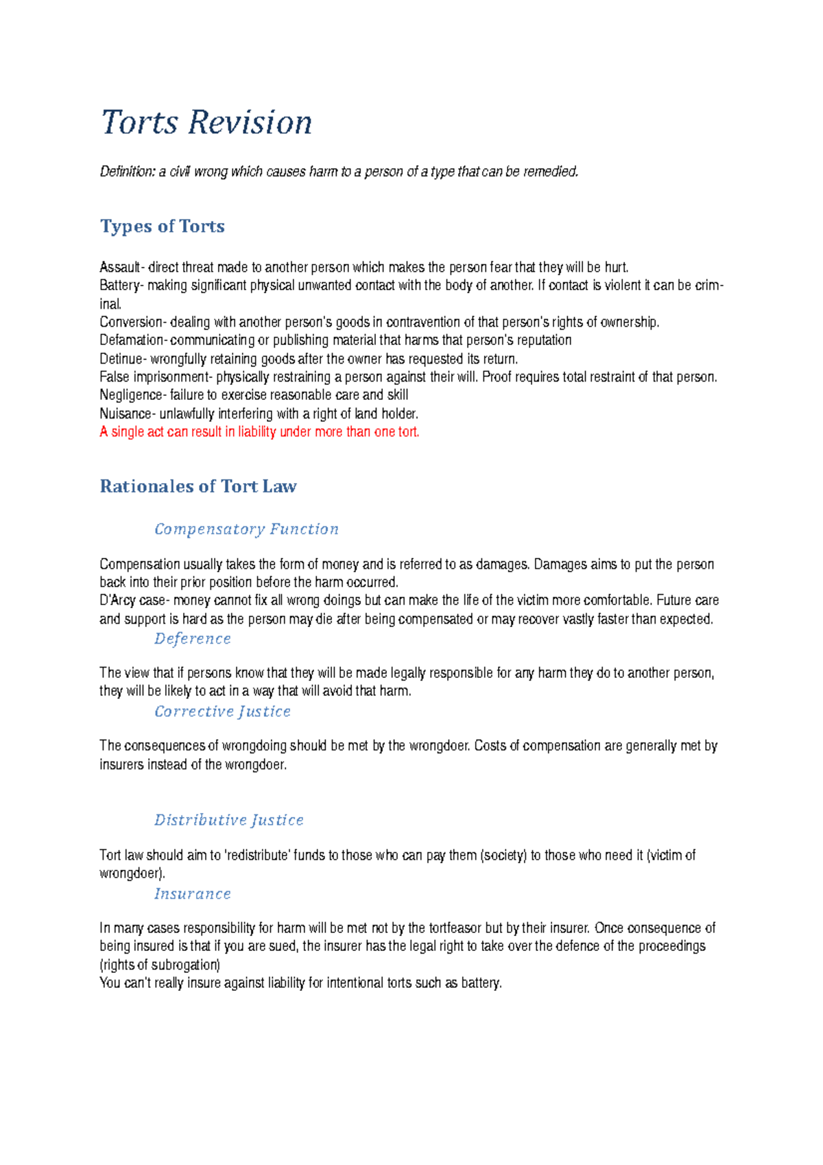 Torts-Revision - Torts Law Revision Summaries - Torts Revision ...