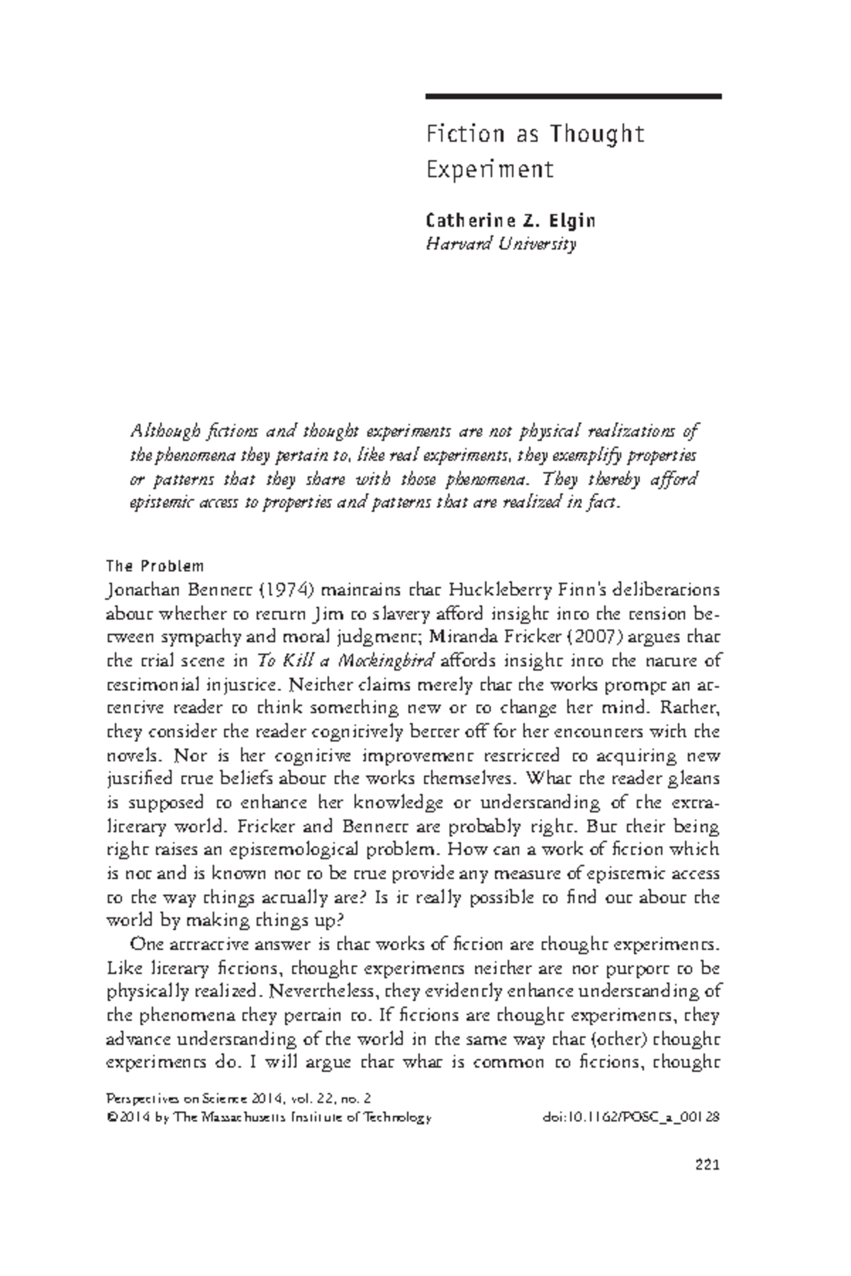 "Fiction As Thought Experiment" by Catherine Elgin 221 Fiction as