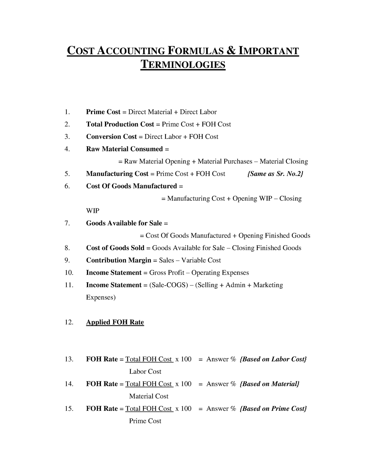 Cost Accounting Formula s - COST ACCOUNTING FORMULAS & IMPORTANT ...