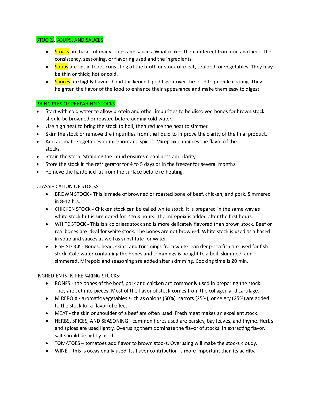 KEBF- Reviewer- Midterms - STOCKS, SOUPS, AND SAUCES Stocks are bases ...